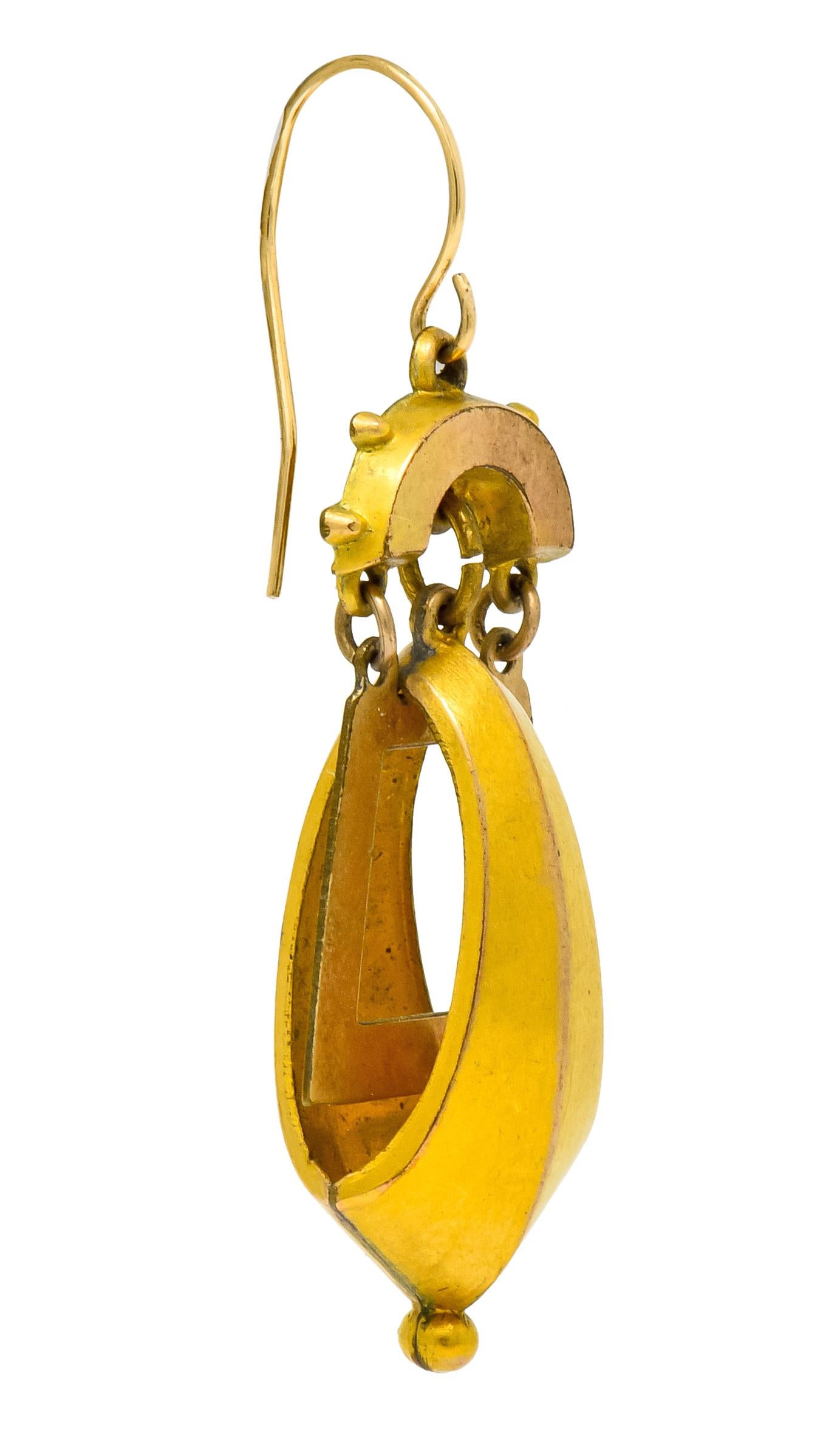 Women's or Men's Victorian Etruscan Revival Articulated 9 Karat Matte Gold Drop Earrings
