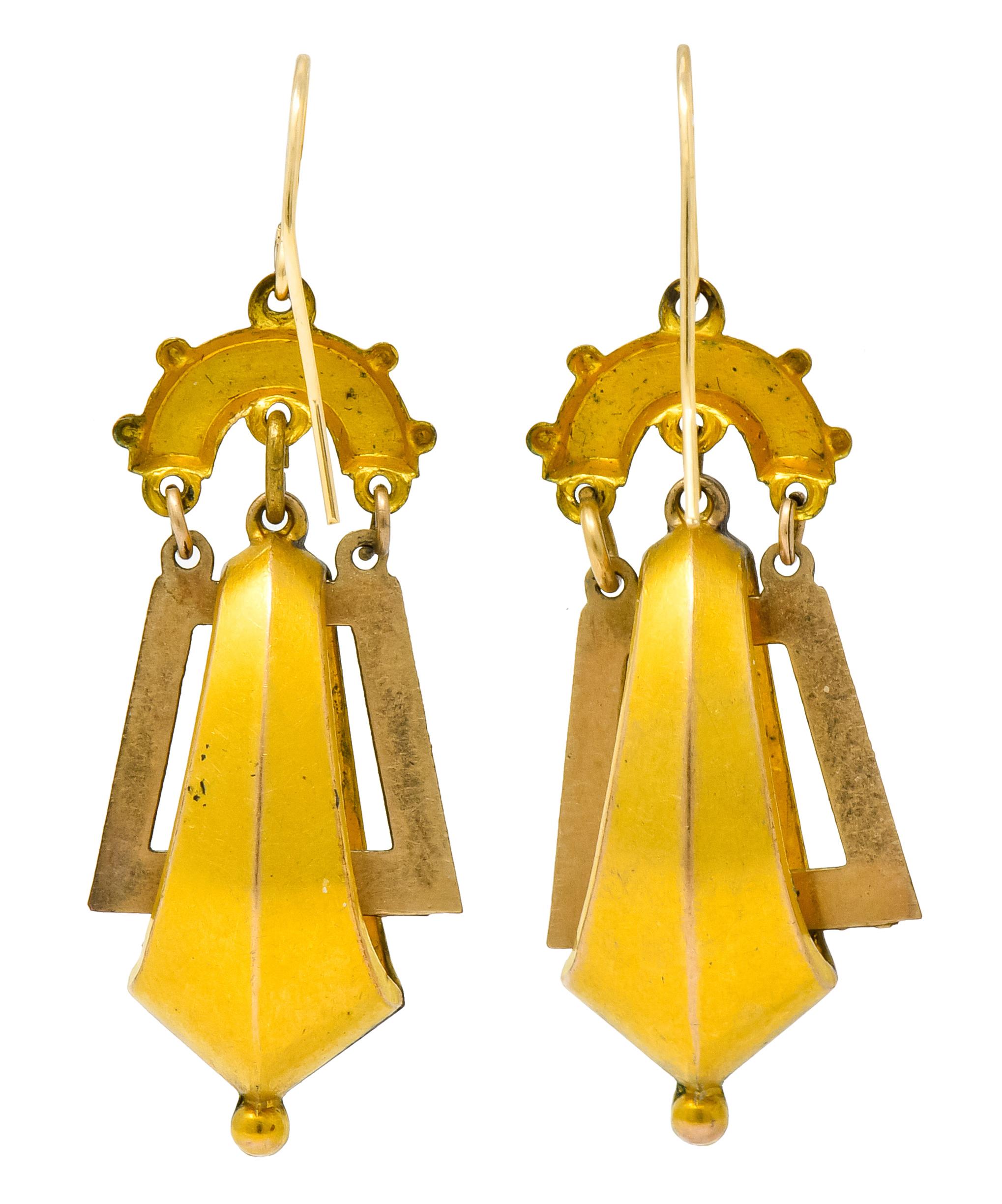 Victorian Etruscan Revival Articulated 9 Karat Matte Gold Drop Earrings 1