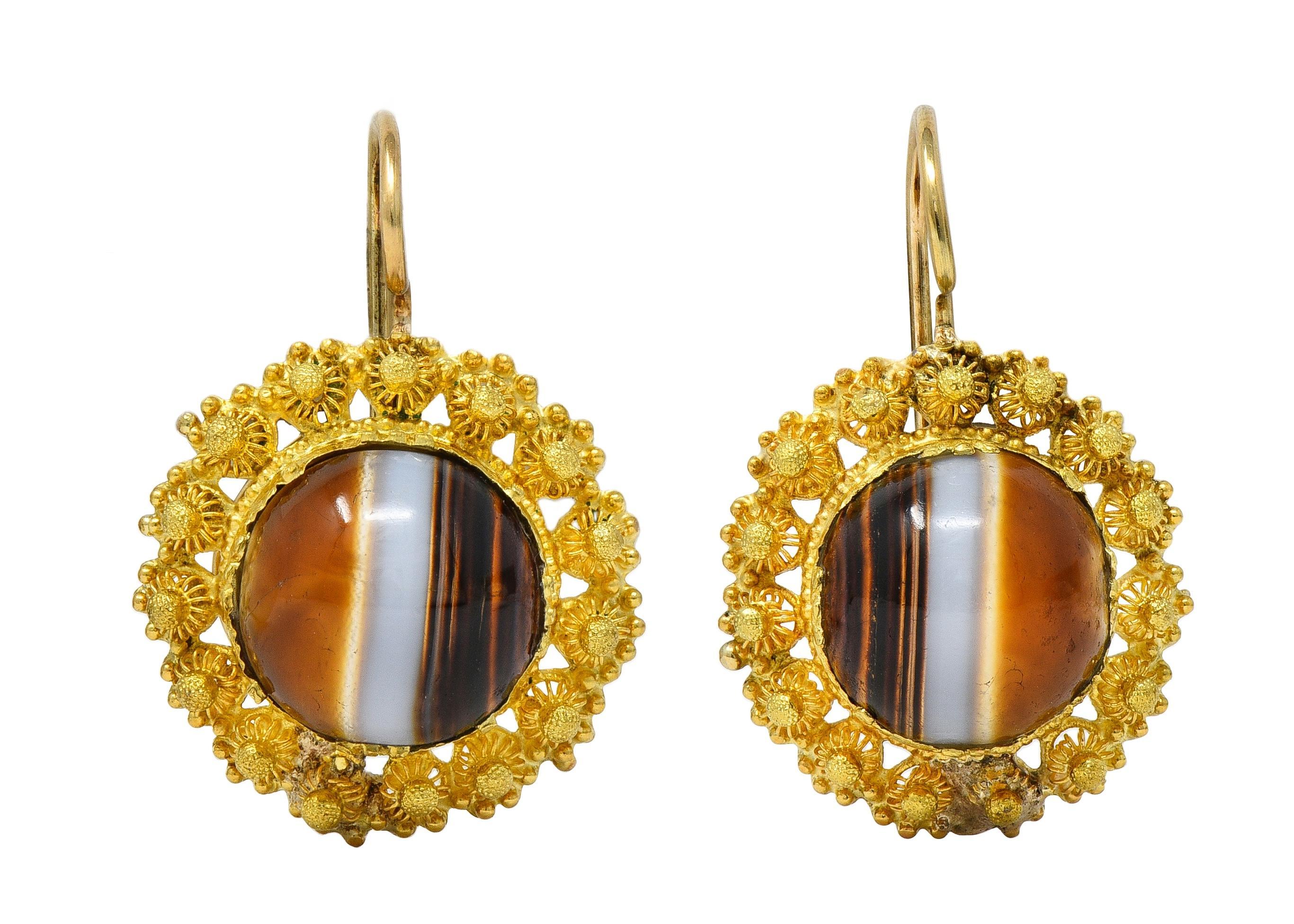 Victorien Boucles d'oreilles victoriennes néo-étrusques en agate baguée or 18K antique Day-To-Night en vente