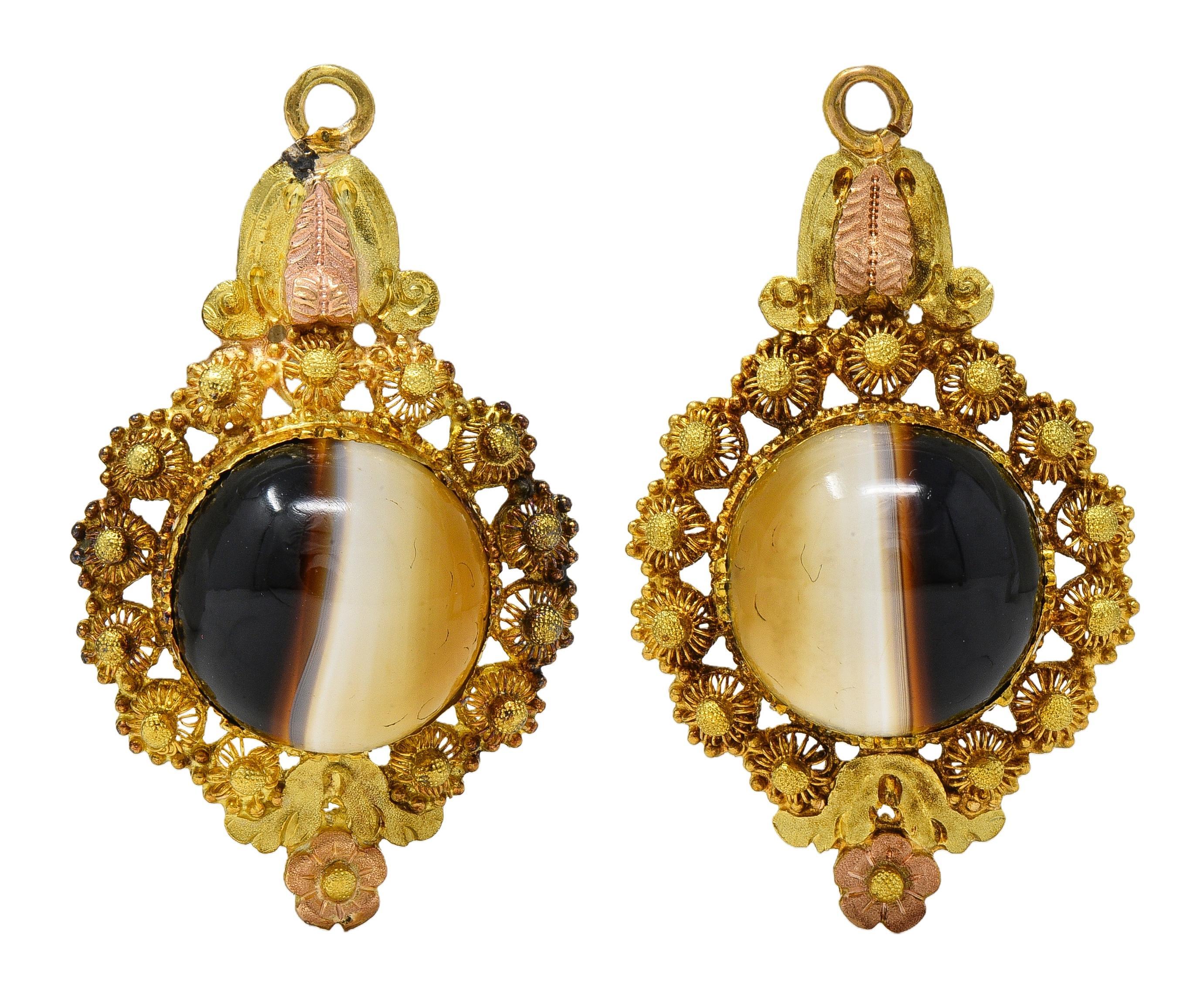 Taille cabochon Boucles d'oreilles victoriennes néo-étrusques en agate baguée or 18K antique Day-To-Night en vente