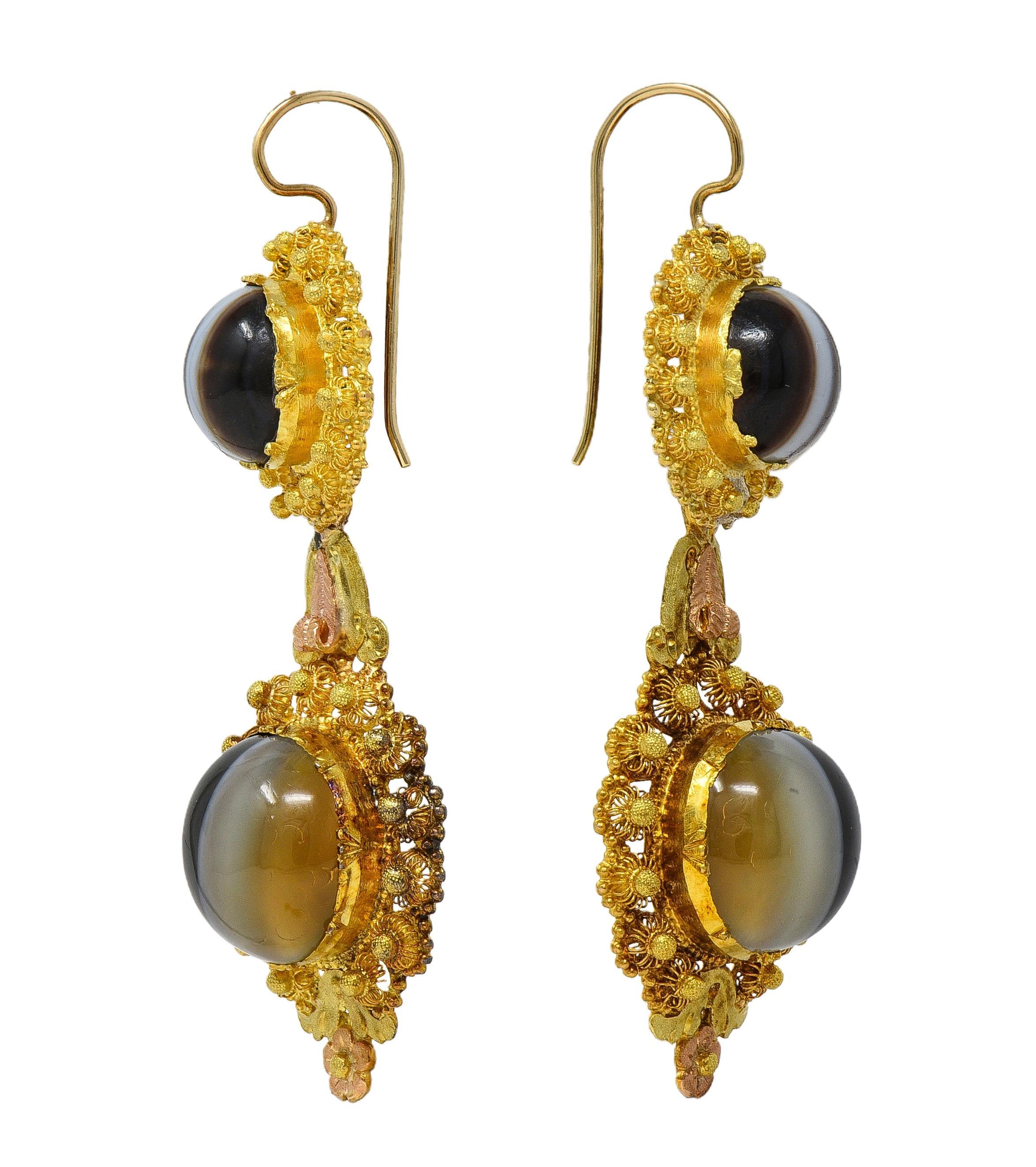 Boucles d'oreilles victoriennes néo-étrusques en agate baguée or 18K antique Day-To-Night Excellent état - En vente à Philadelphia, PA