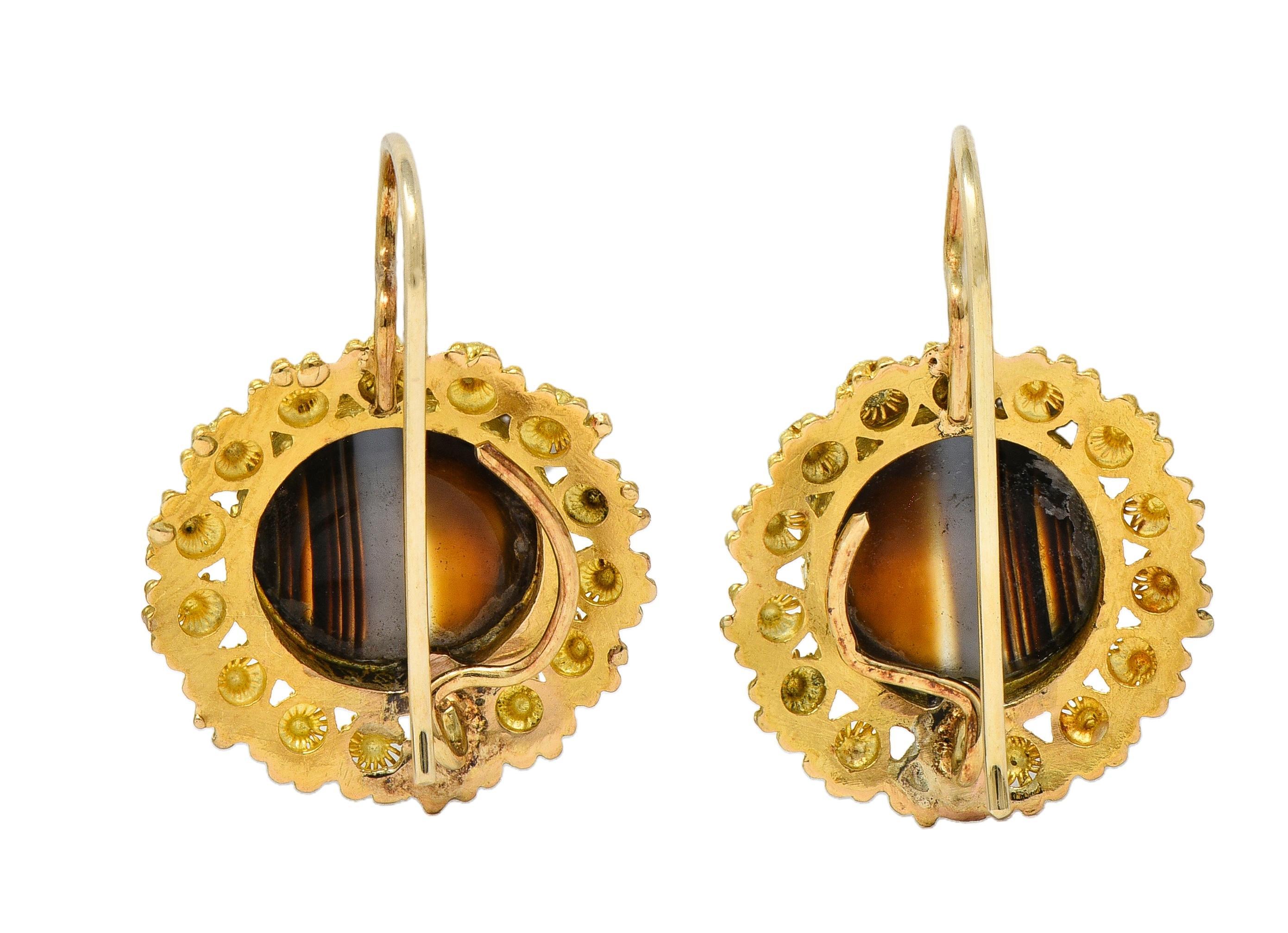 Boucles d'oreilles victoriennes néo-étrusques en agate baguée or 18K antique Day-To-Night Pour femmes en vente