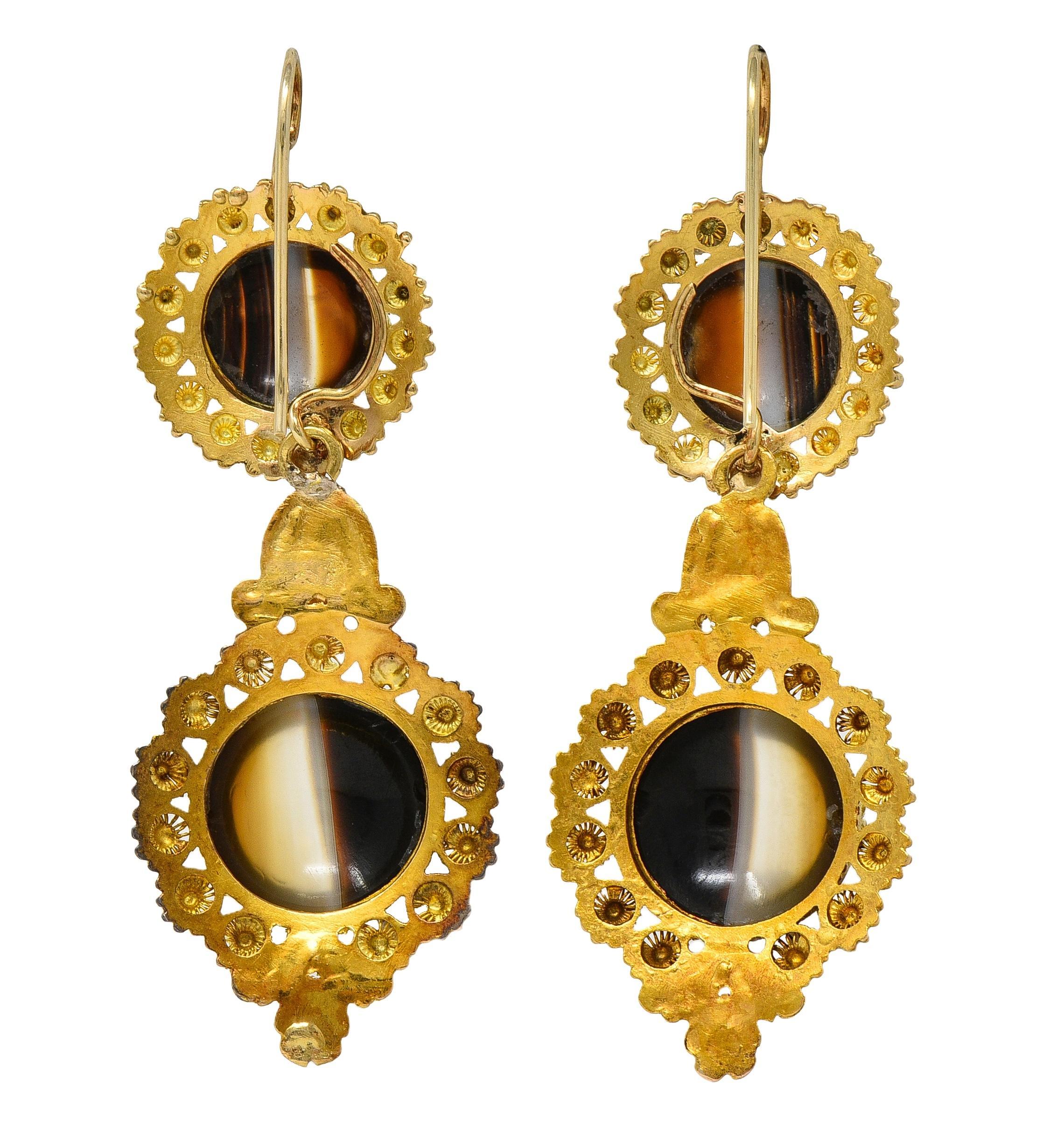 Boucles d'oreilles victoriennes néo-étrusques en agate baguée or 18K antique Day-To-Night en vente 1