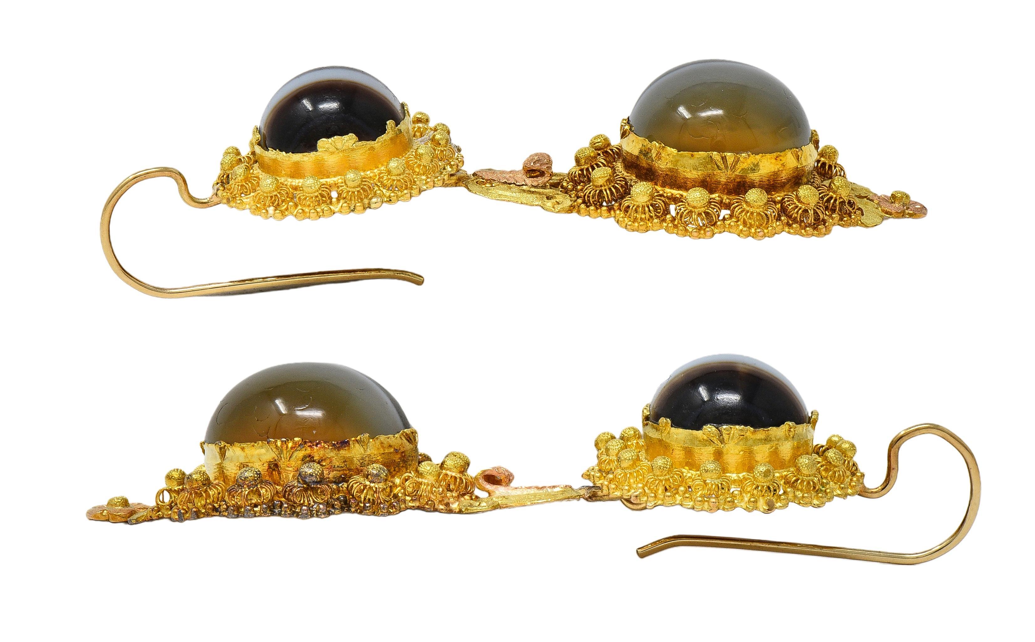 Boucles d'oreilles victoriennes néo-étrusques en agate baguée or 18K antique Day-To-Night en vente 2