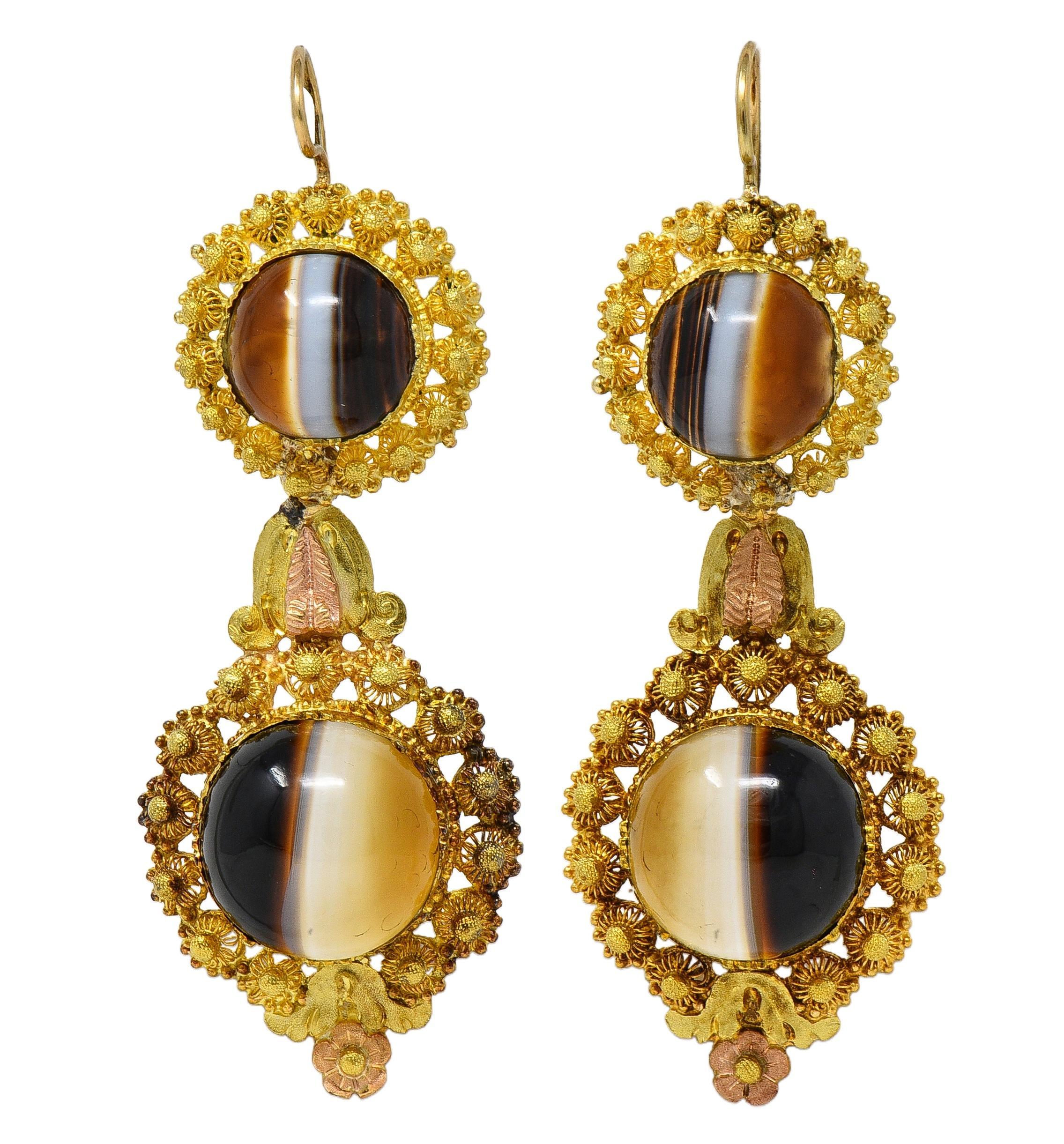 Boucles d'oreilles victoriennes néo-étrusques en agate baguée or 18K antique Day-To-Night