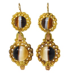 Victorian Etruscan Revival Banded Agate 18K Gold Antique Day-To-Night Earrings