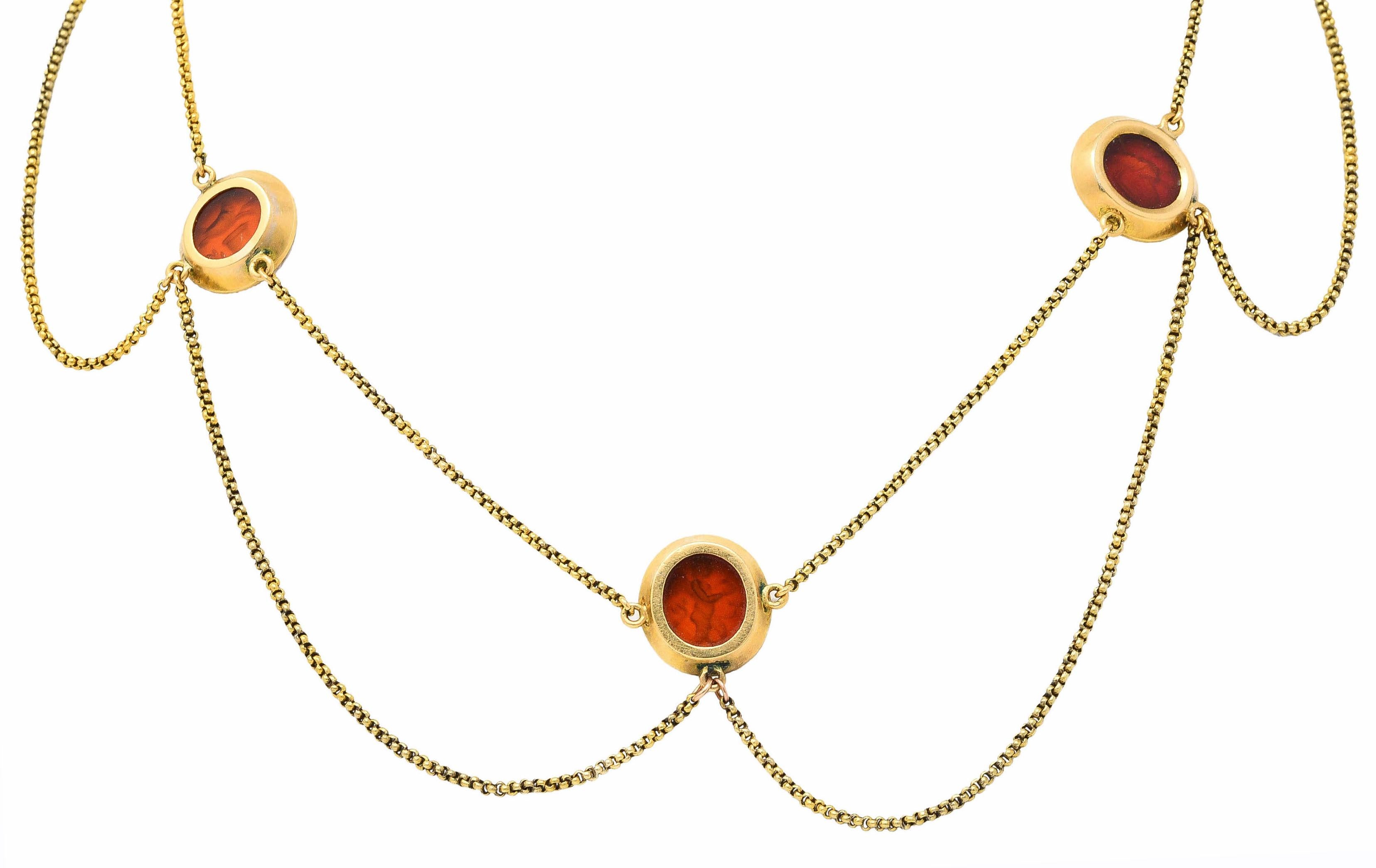 Victorian Etruscan Revival Carnelian 14 Karat Yellow Gold Intaglio Necklace 8