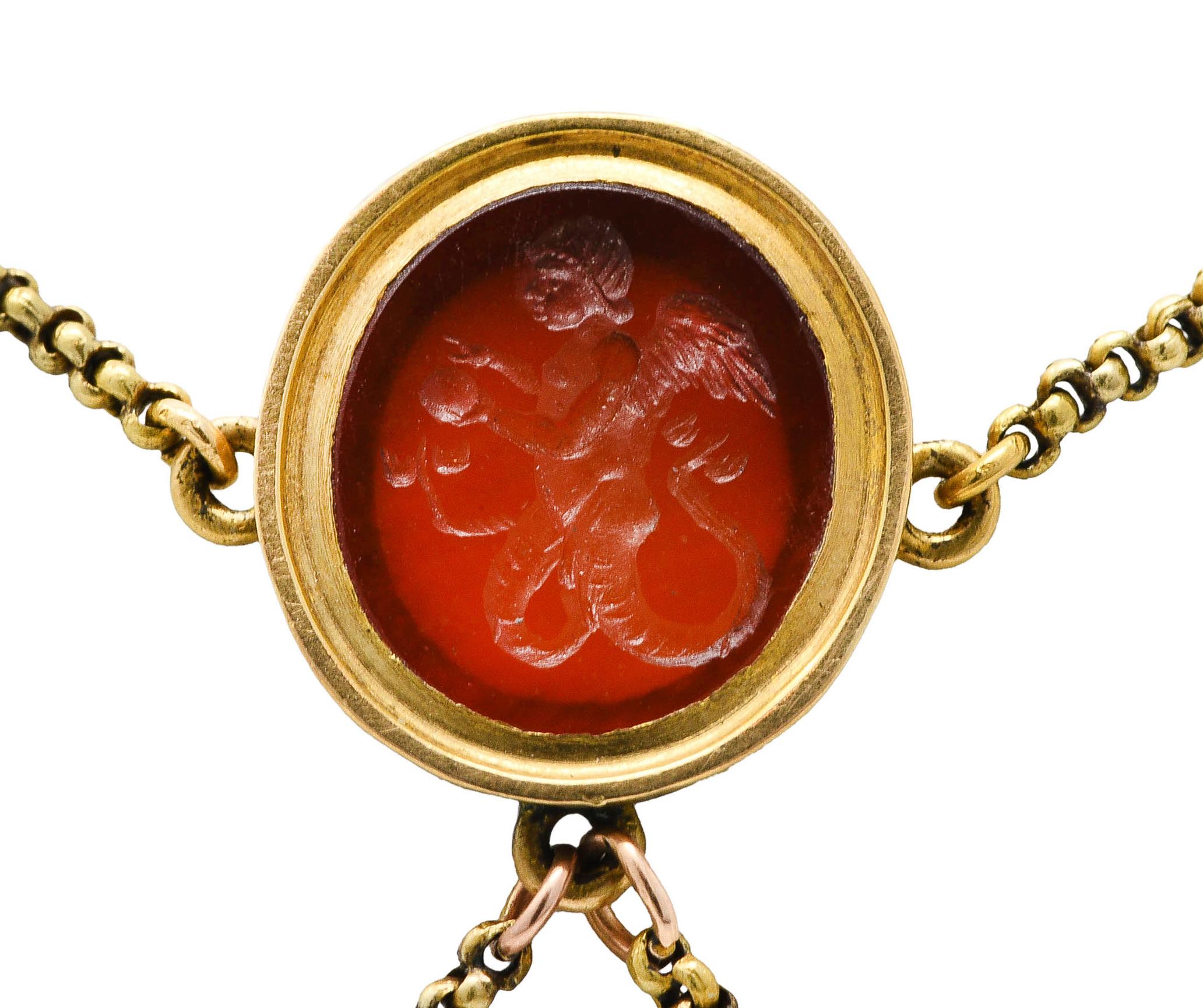 Victorian Etruscan Revival Carnelian 14 Karat Yellow Gold Intaglio Necklace In Excellent Condition In Philadelphia, PA