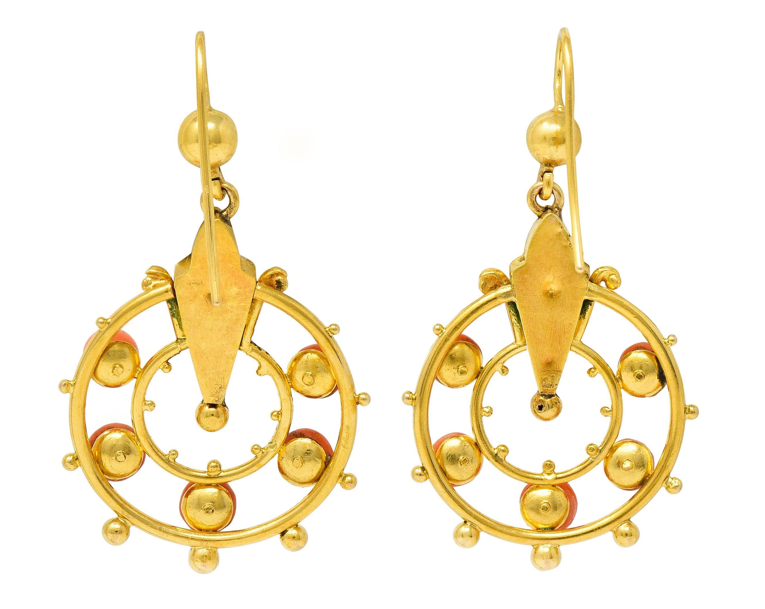Victorian Etruscan Revival Coral 18 Karat Yellow Gold Antique Drop Earrings In Excellent Condition For Sale In Philadelphia, PA