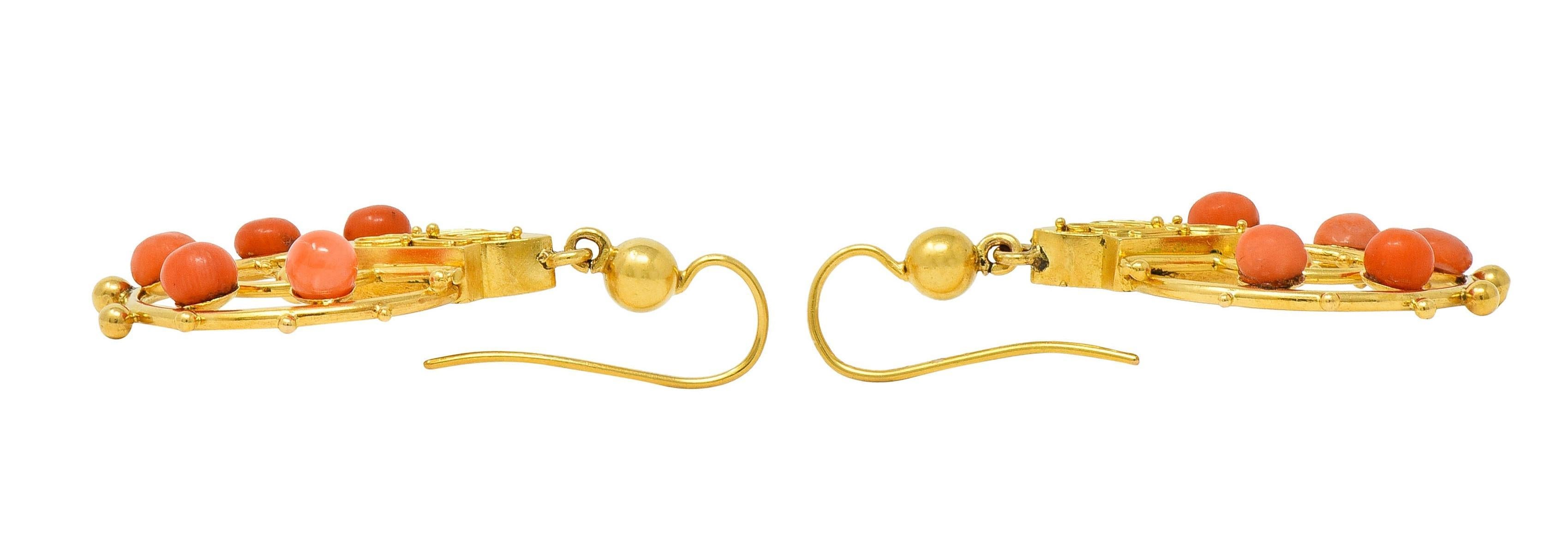 Women's or Men's Victorian Etruscan Revival Coral 18 Karat Yellow Gold Antique Drop Earrings For Sale