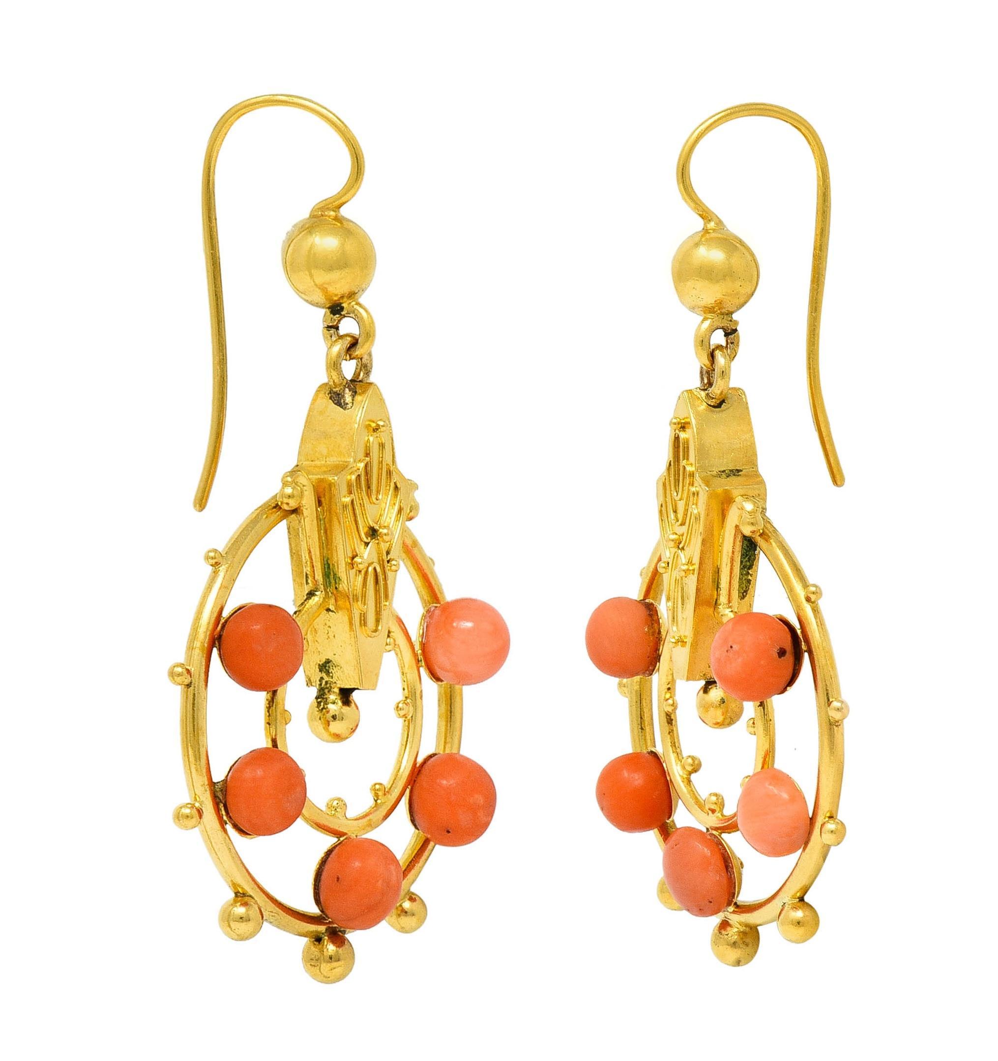 Victorian Etruscan Revival Coral 18 Karat Yellow Gold Antique Drop Earrings For Sale 1