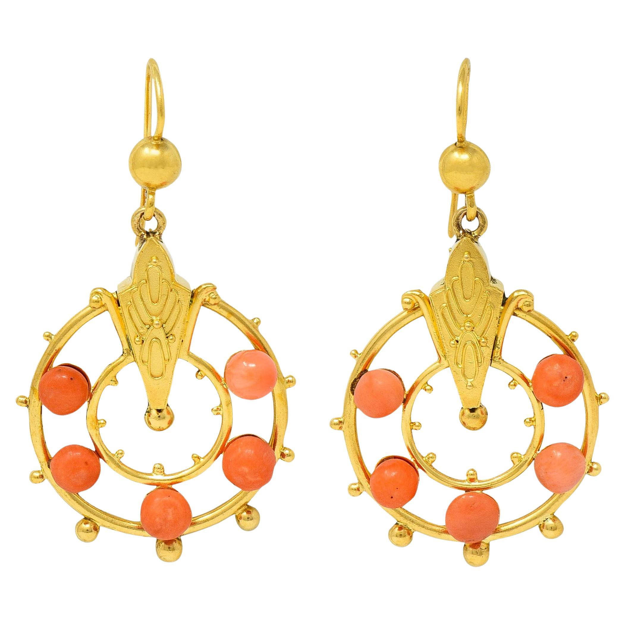 Victorian Etruscan Revival Coral 18 Karat Yellow Gold Antique Drop Earrings For Sale