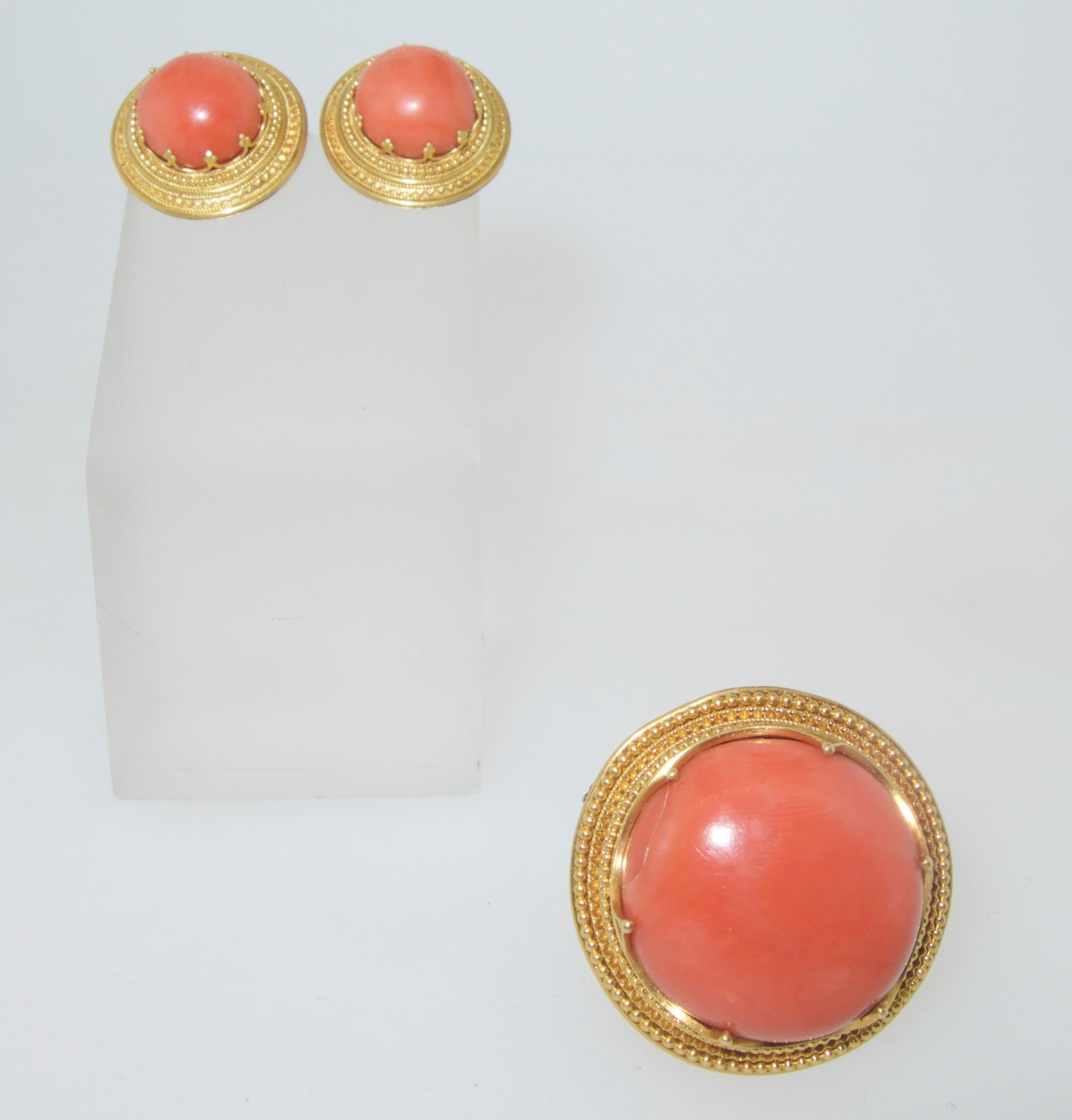 Etruscan Revival antique earrings with matching brooch, the center coral is 13.2 mm. in diameter in the earrings, and 23.5 mm in the brooch.  The coral is, of course, natural and quite large in size which would be very difficult to find today