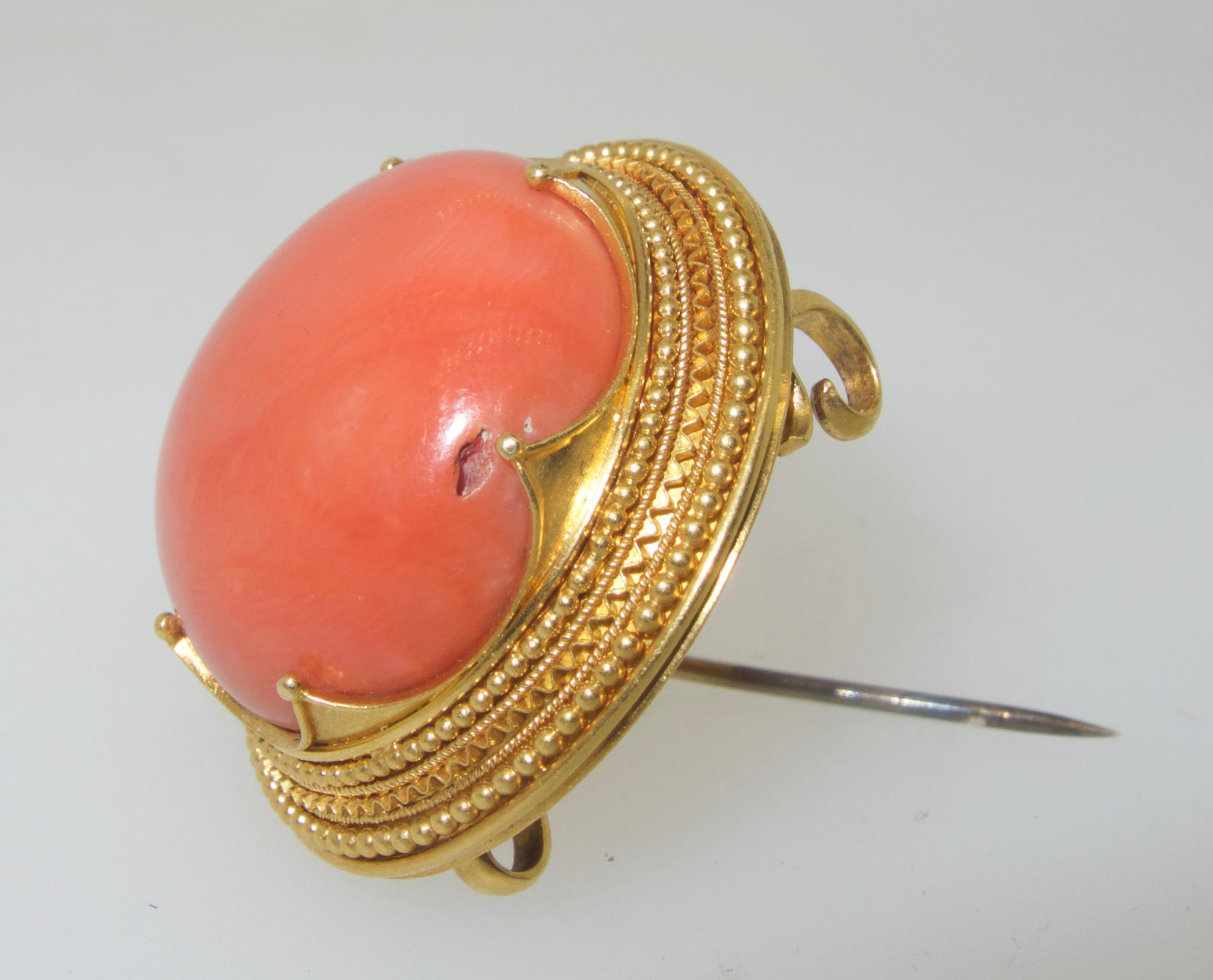 Victorian Etruscan Revival Coral Earrings and Brooch, circa 1975 2