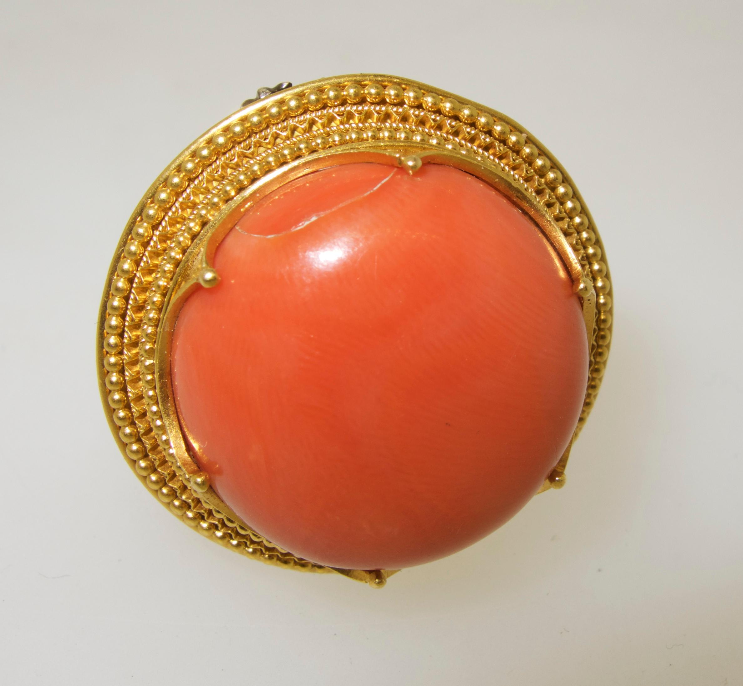 Victorian Etruscan Revival Coral Earrings and Brooch, circa 1975 4