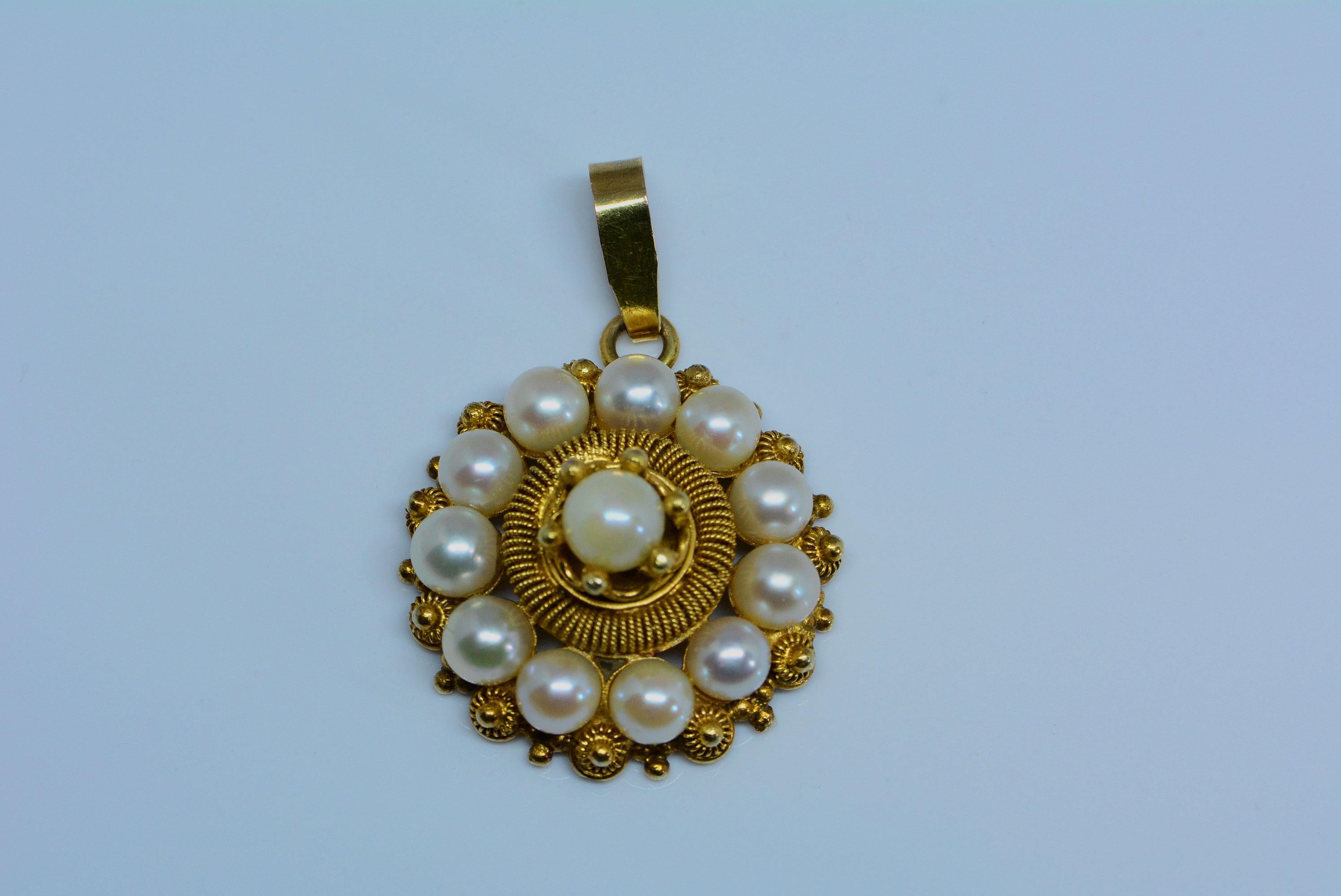 You don't come across these everyday.
The workmanship to make cannetille jewellery is quite difficult and considered a lost art in jewellery making. 
The cultured pearls may have been replaced at some point in time- it is possible the originals were