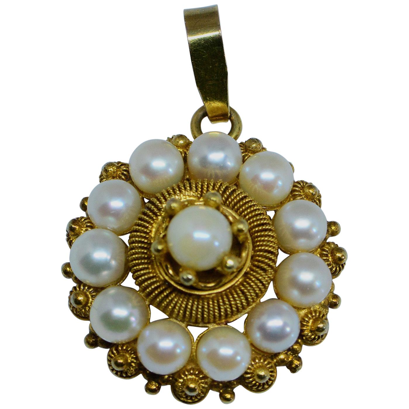 Victorian Etruscan Revival Cultured Pearl Pendant 14 Karat Yellow Gold For Sale