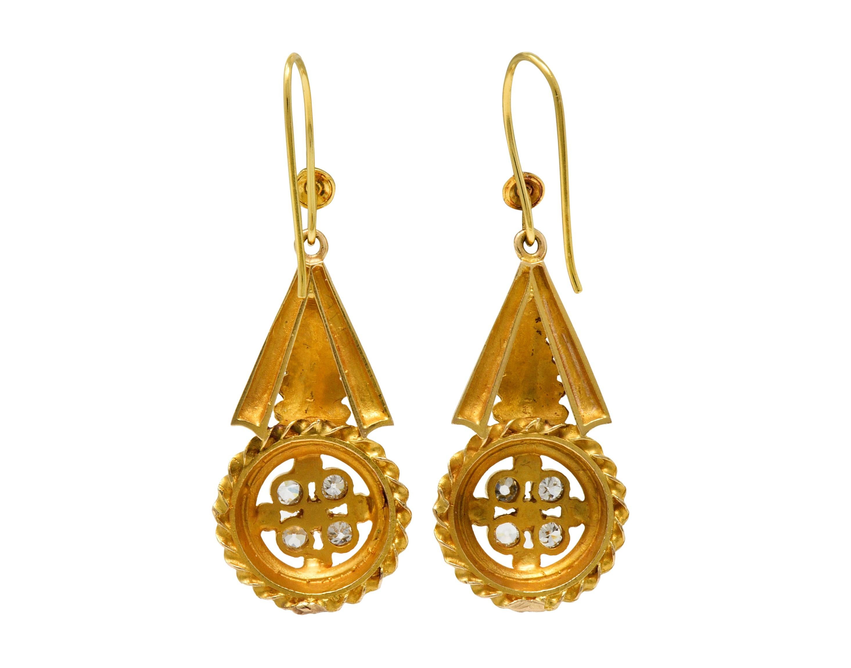 Victorian Etruscan Revival Diamond 14 Karat Gold Drop Earrings In Excellent Condition In Philadelphia, PA
