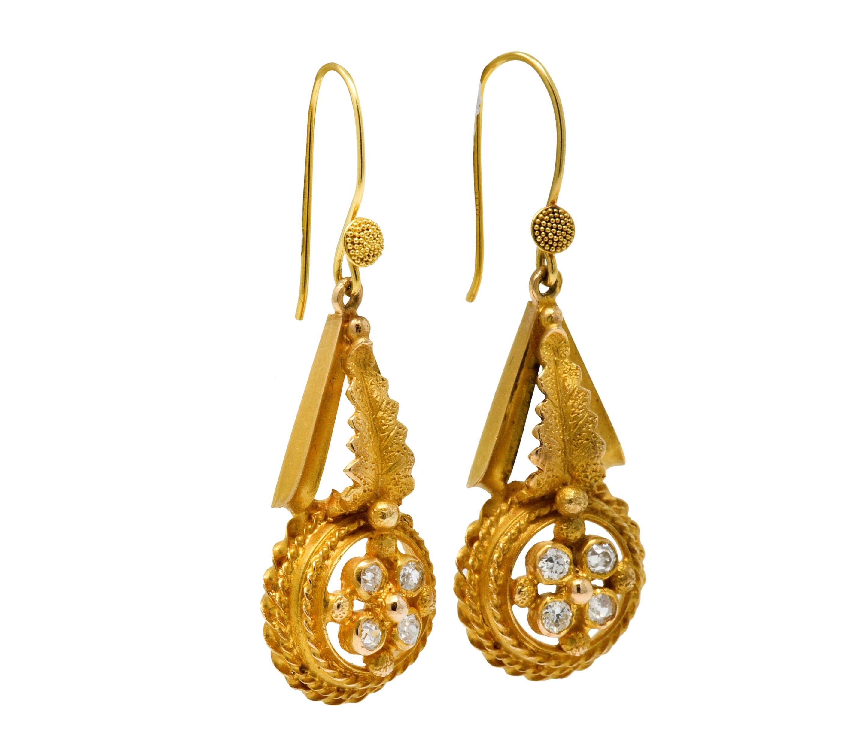 Women's or Men's Victorian Etruscan Revival Diamond 14 Karat Gold Drop Earrings