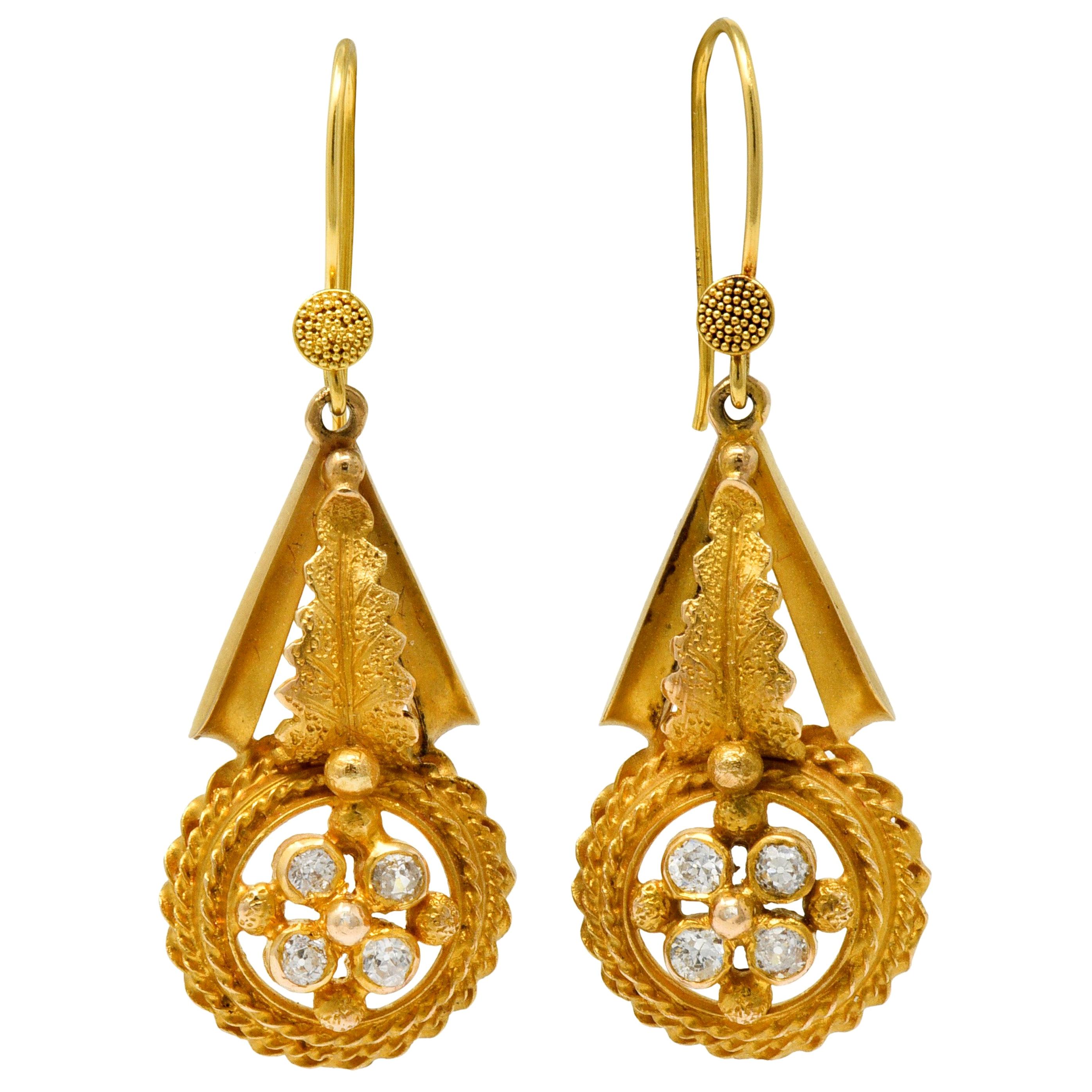 Victorian Etruscan Revival Diamond 14 Karat Gold Drop Earrings