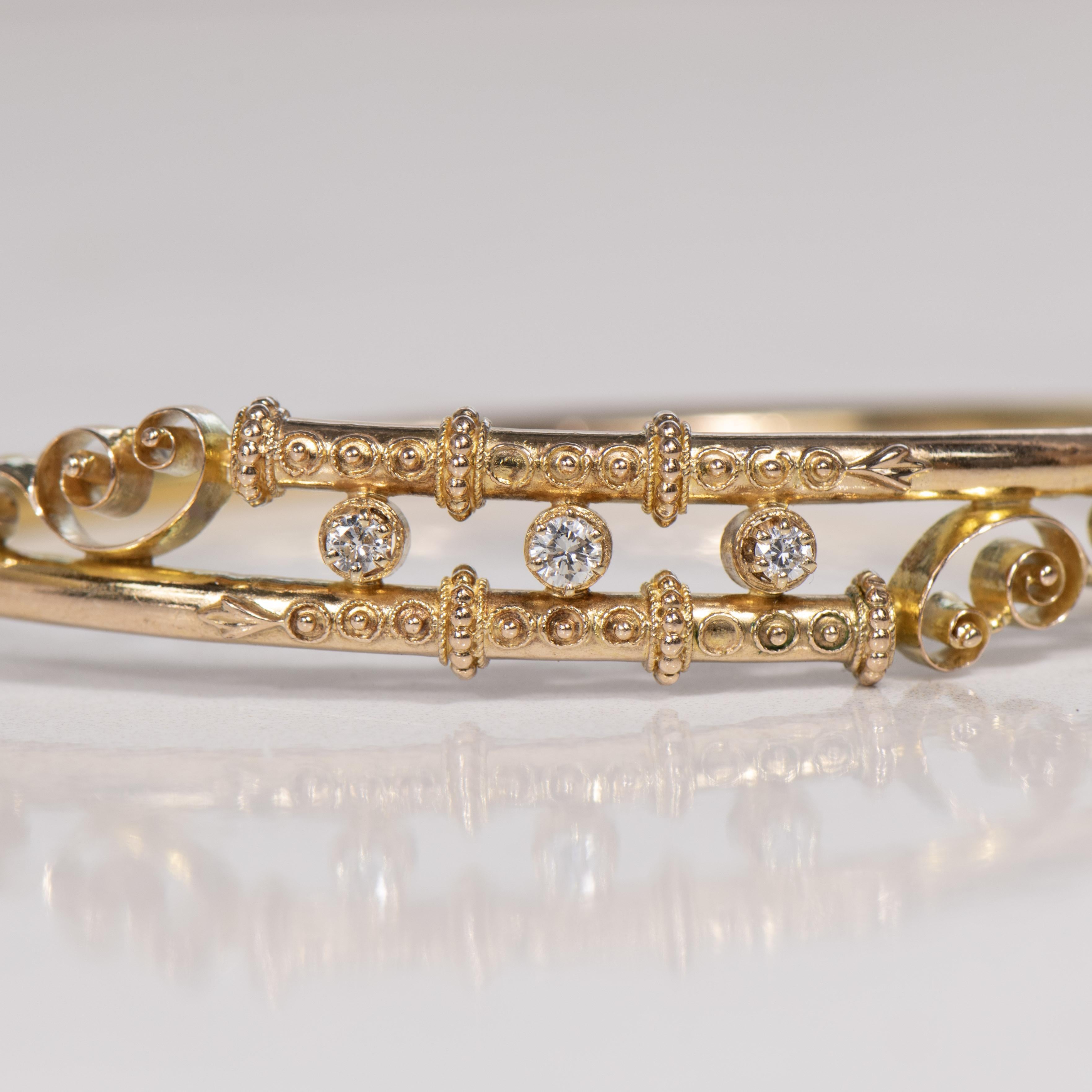 Round Cut Victorian Etruscan Revival Diamond Bypass Bangle Bracelet