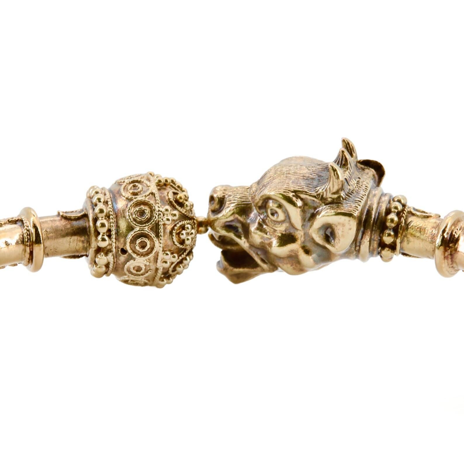Victorian Etruscan Revival Dragon Griffins Head Diamond Bangle Bracelet In Good Condition For Sale In Boston, MA