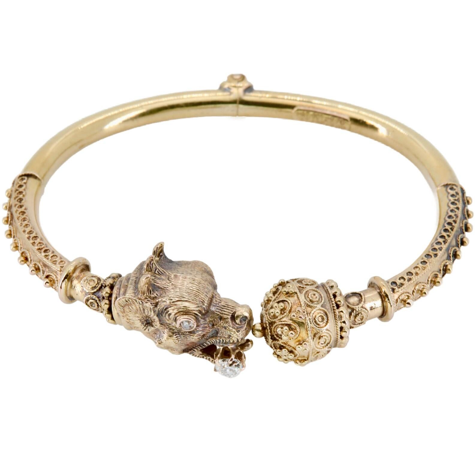 Victorian Etruscan Revival Dragon Griffins Head Diamond Bangle Bracelet For Sale 2