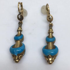 Victorian Etruscan Revival Drop Dangle Earrings 14 Karat Gold Enamel Light 1880s