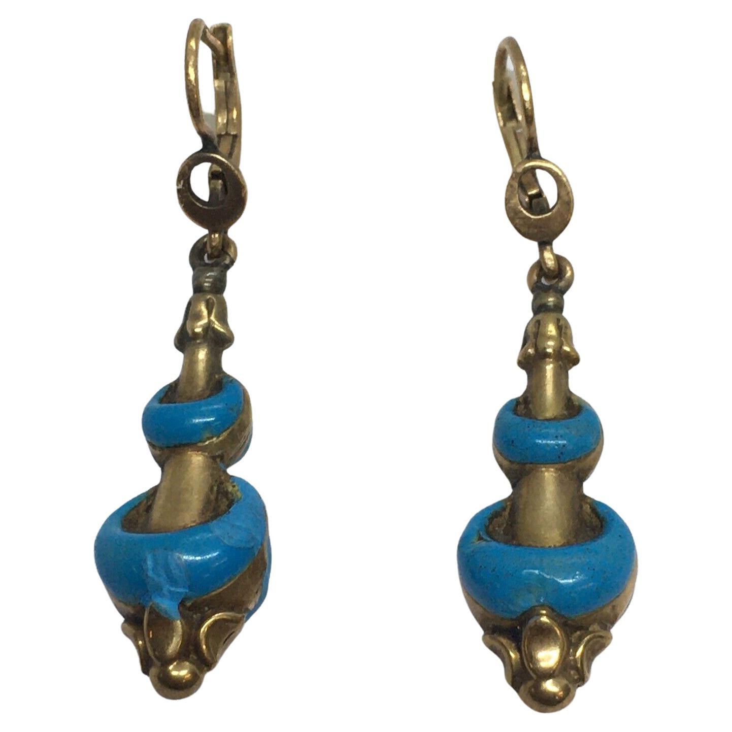 Victorian Etruscan Revival Drop Dangle Earrings 14 Karat Gold Enamel Light 1880s For Sale