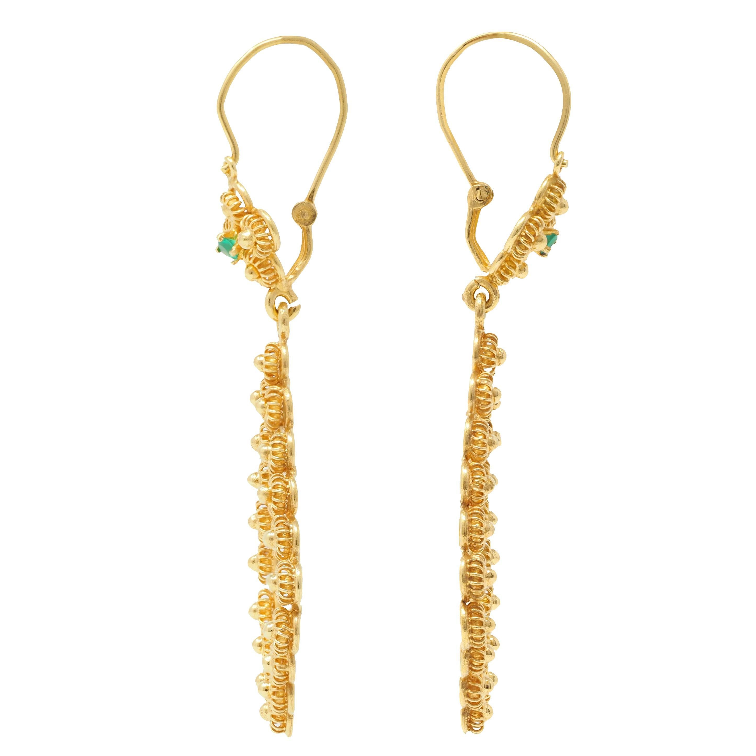 Women's or Men's Victorian Etruscan Revival Emerald 18 Karat Yellow Gold Antique Drop Earrings For Sale