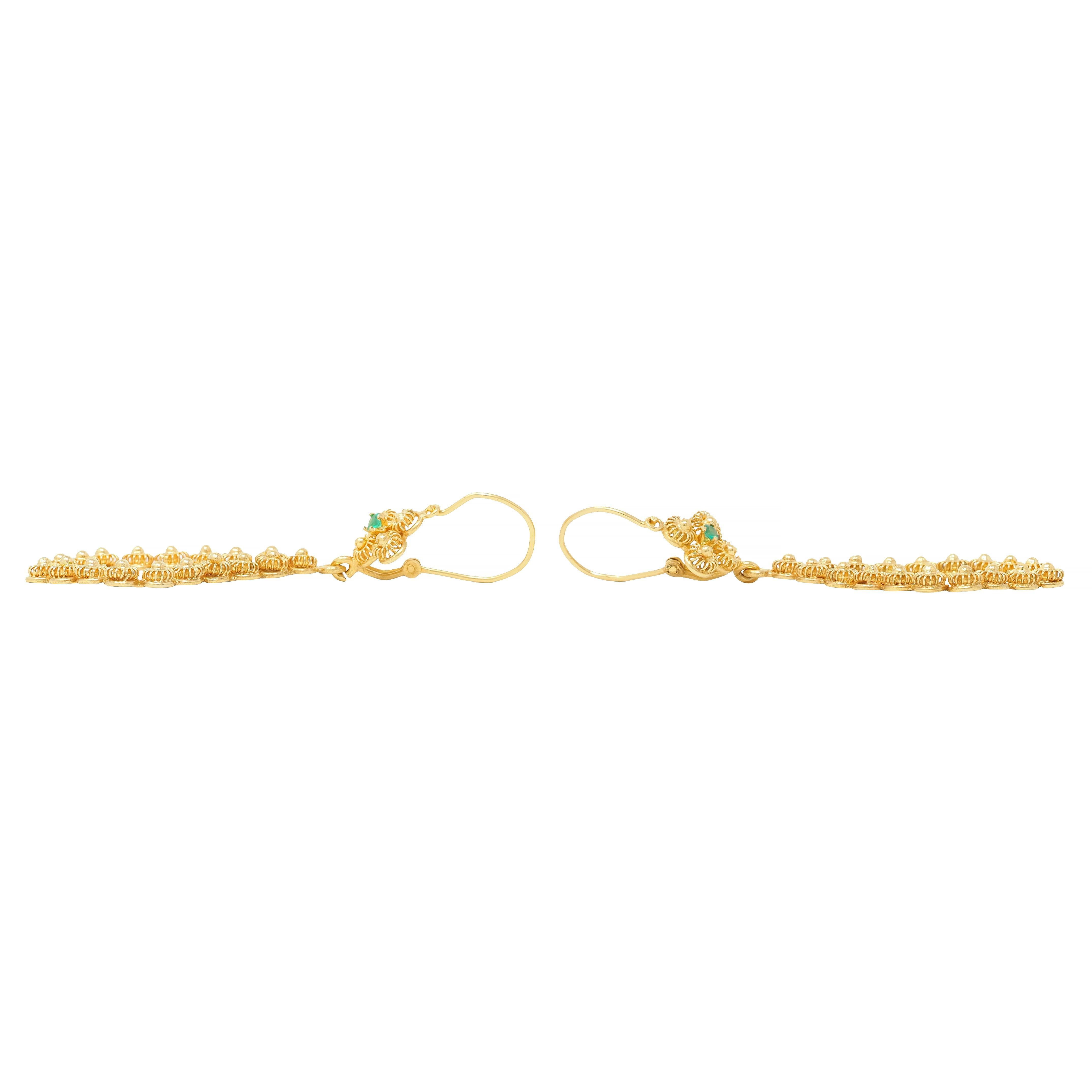 Victorian Etruscan Revival Emerald 18 Karat Yellow Gold Antique Drop Earrings For Sale 1