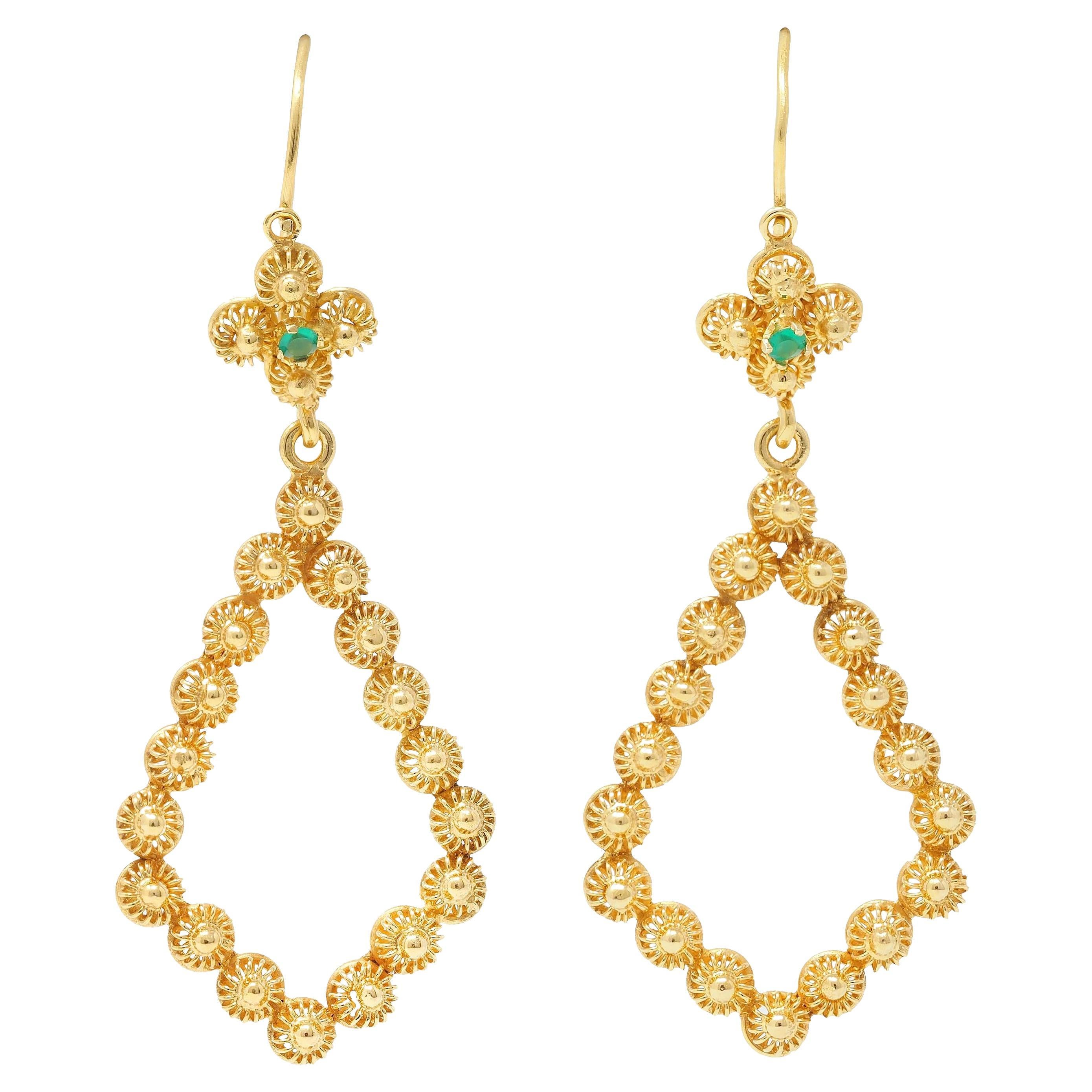 Victorian Etruscan Revival Emerald 18 Karat Yellow Gold Antique Drop Earrings For Sale