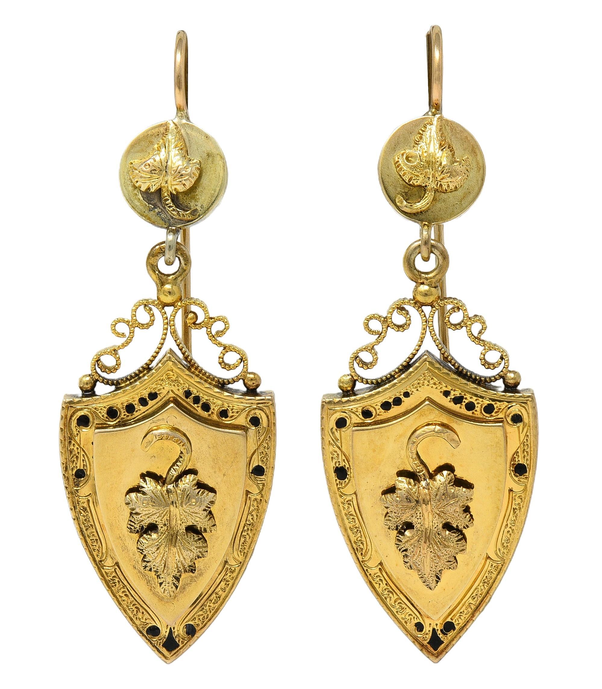 Victorian Etruscan Revival Emaille 14K Gelbgold Antike Foliate Tropfen Ohrringe