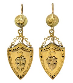 Pendientes de gota de oro amarillo de 14 quilates con esmalte Victorian Etruscan Revival Foliate Antique