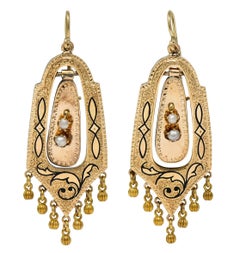 Pendientes Victorianos Etruscos Renacimiento Esmalte Perla Oro 14K Antiguo Foliado Gota