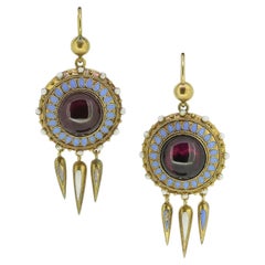 Victorian Etruscan Revival Garnet and Enamel Drop Earrings