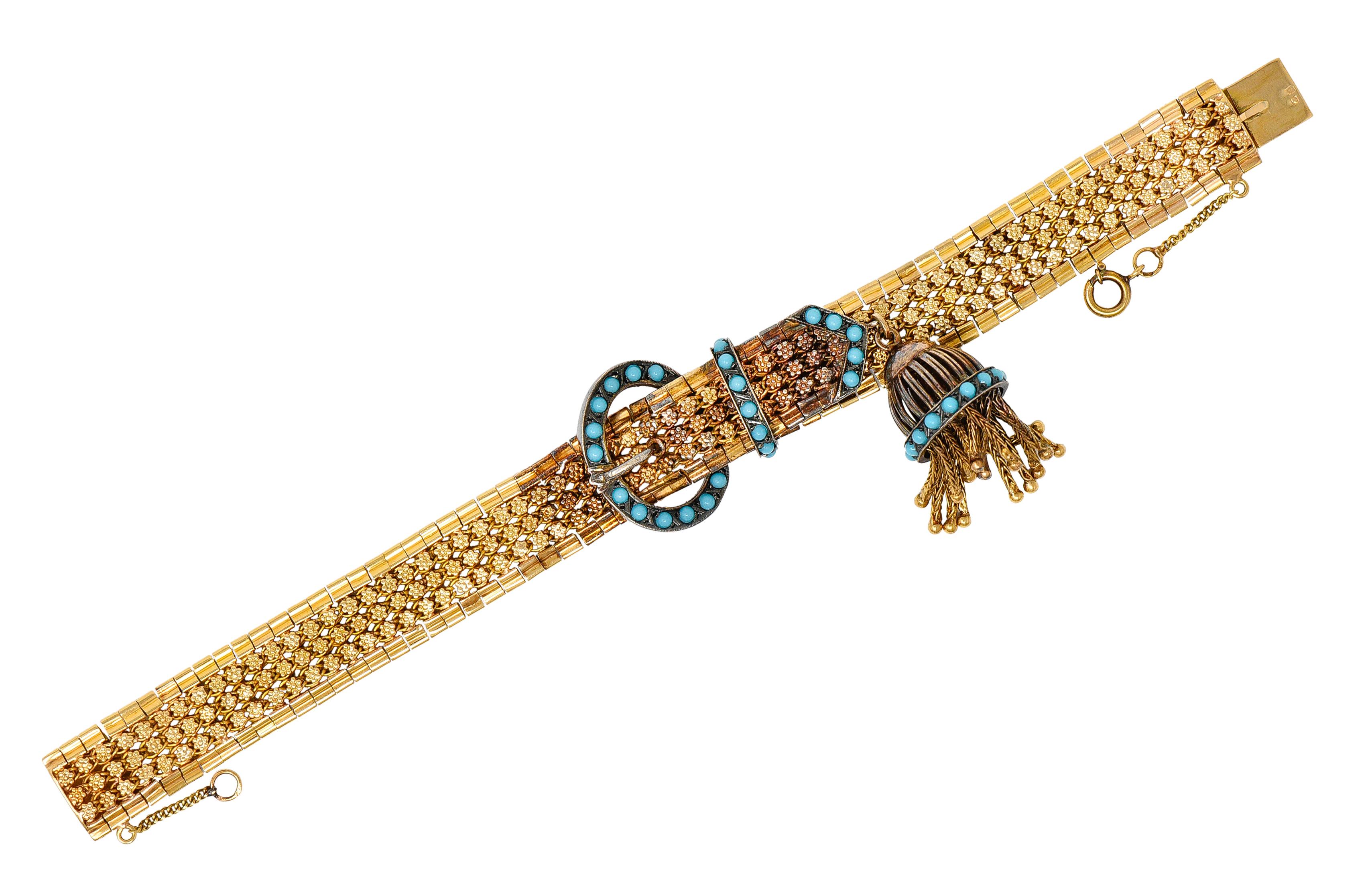 Woven gold bracelet features an oxidized gold buckle motif

With stylized blossom stations and polished gold edges

Centering an articulated and substantial bell shaped tassel charm

Accented by 2.0 mm round sky blue cabochons - pastel and very well