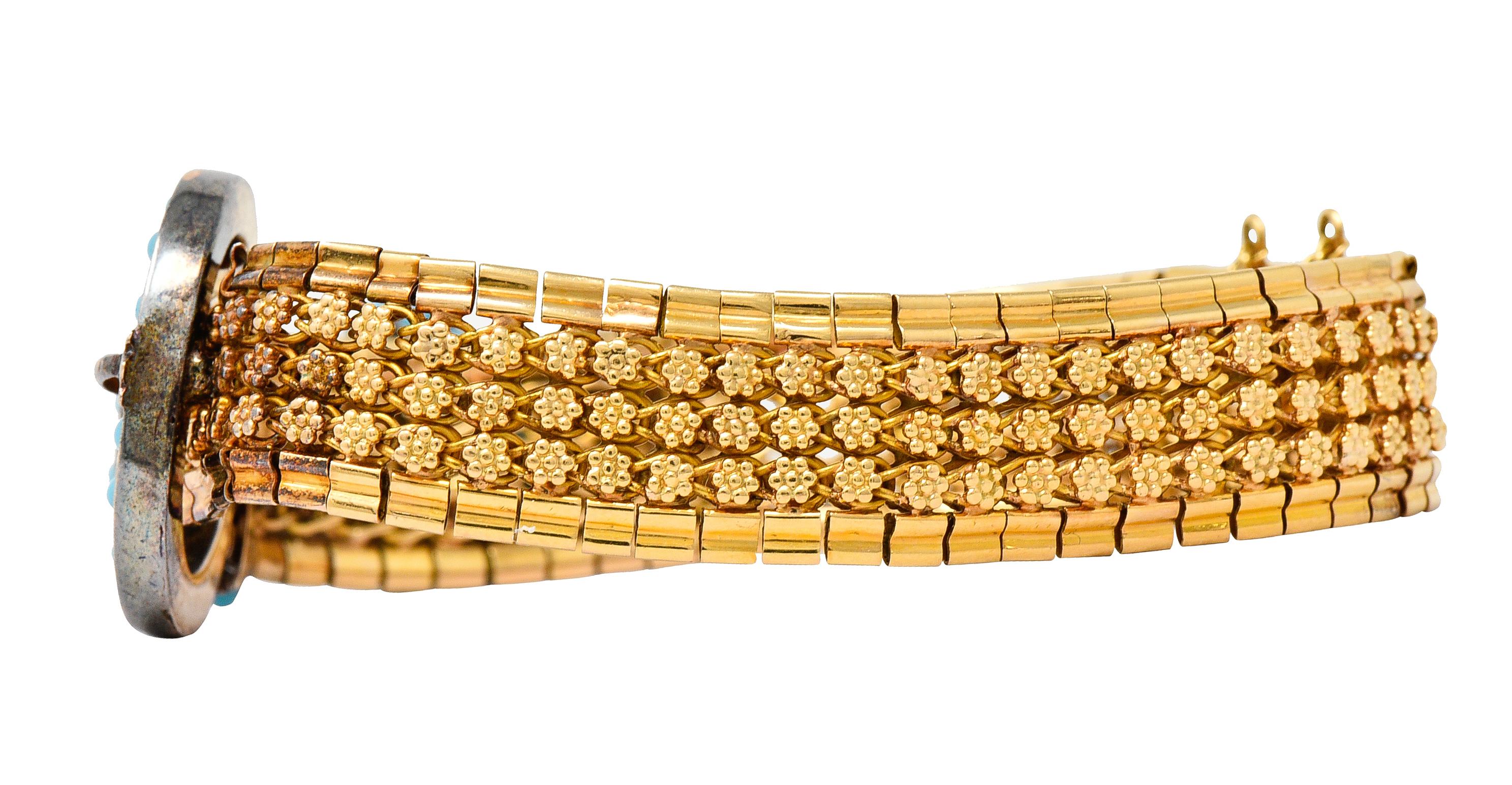 Women's or Men's Victorian Etruscan Revival Gemstone Cabochon 18 Karat Yellow Gold Bracelet