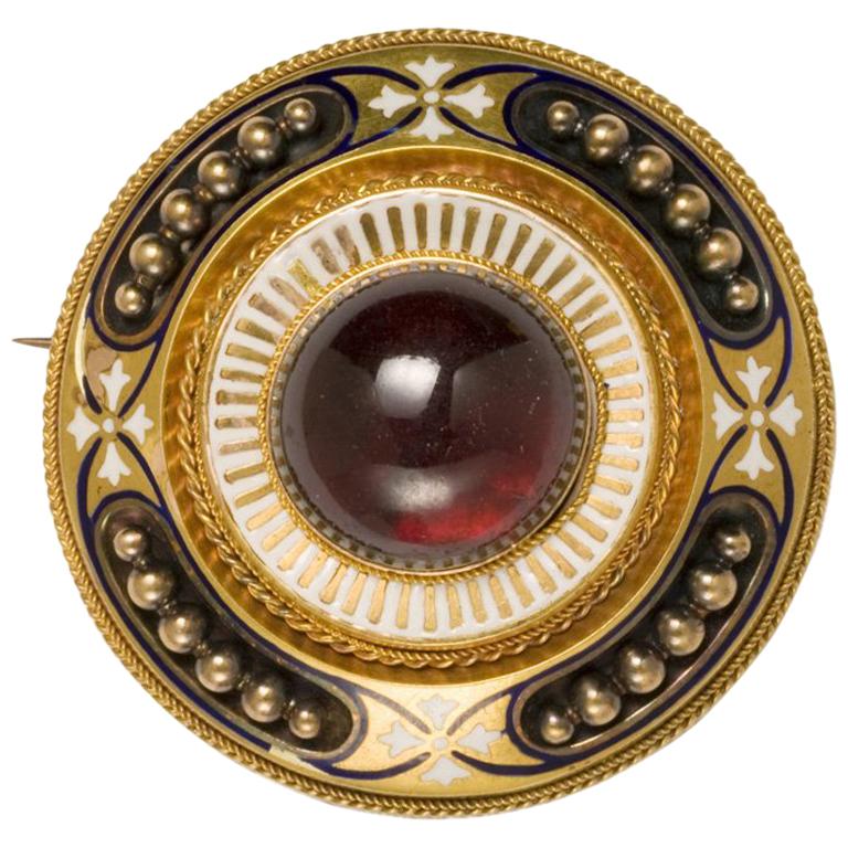 Victorian Etruscan Revival  Gold Garnet Enamel Brooch