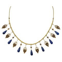 Victorian Etruscan Revival Lapis Lazuli 14 Karat Gold Antique Fringe Necklace