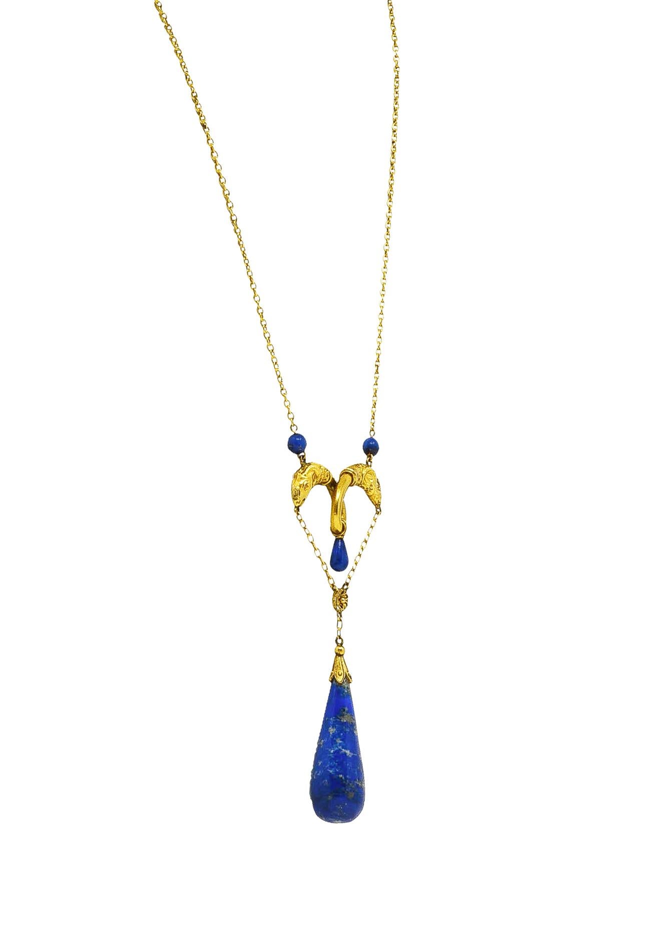 Bead Victorian Etruscan Revival Lapis Lazuli 14 Karat Yellow Gold Swagged Necklace For Sale