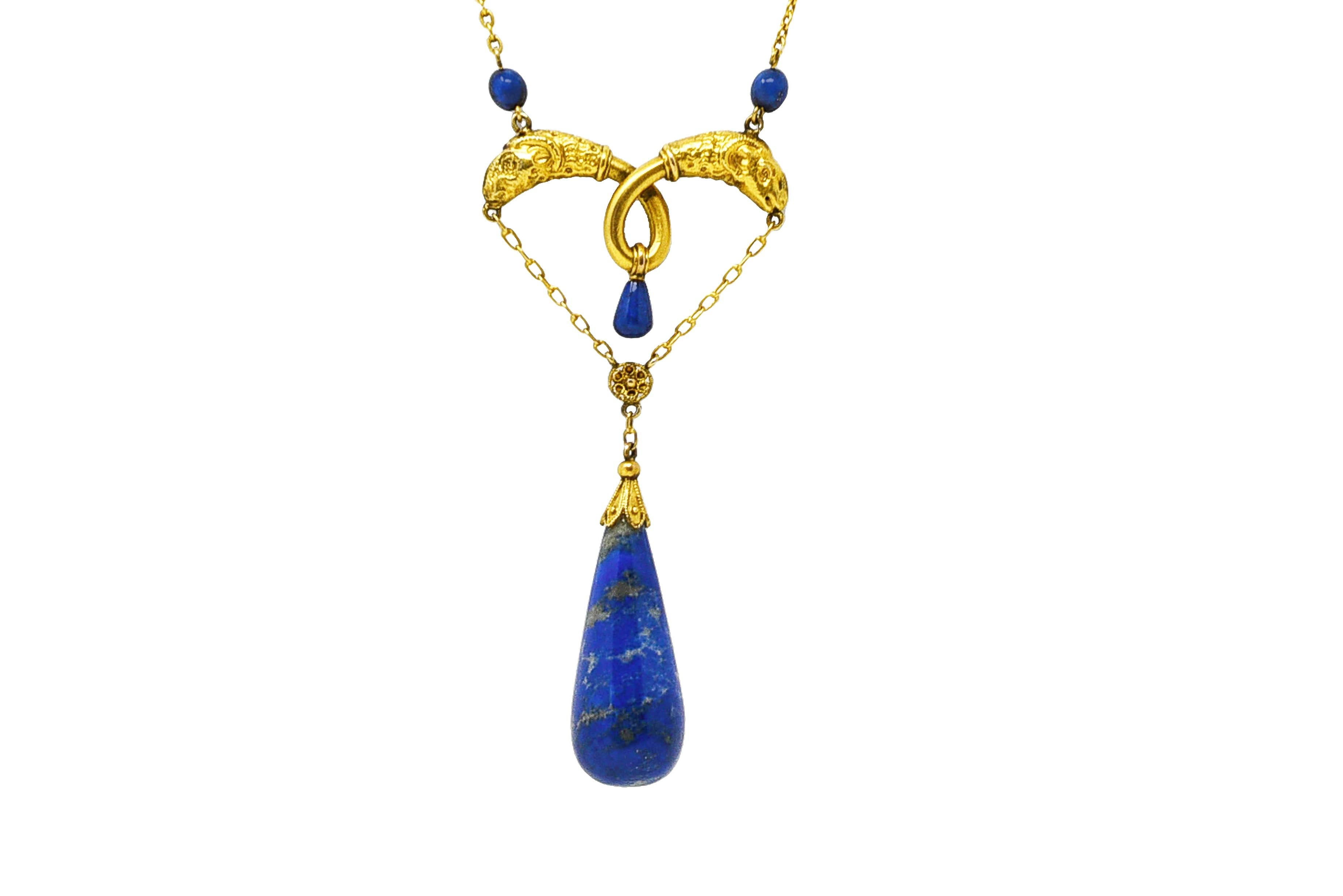 Victorian Etruscan Revival Lapis Lazuli 14 Karat Yellow Gold Swagged Necklace In Excellent Condition For Sale In Philadelphia, PA