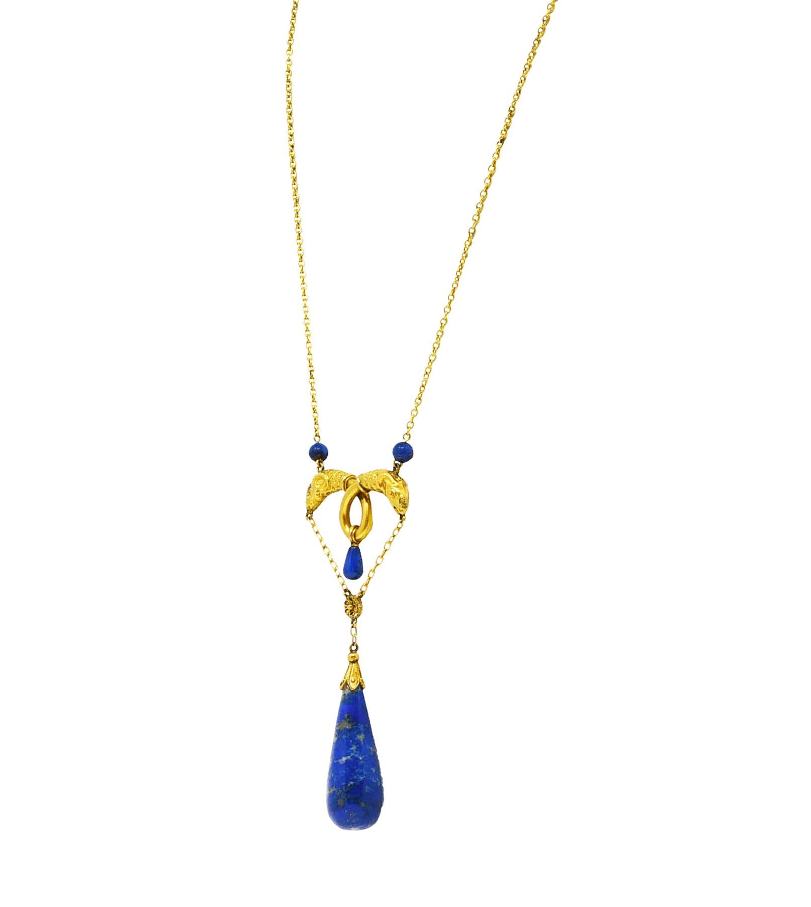 Women's or Men's Victorian Etruscan Revival Lapis Lazuli 14 Karat Yellow Gold Swagged Necklace For Sale