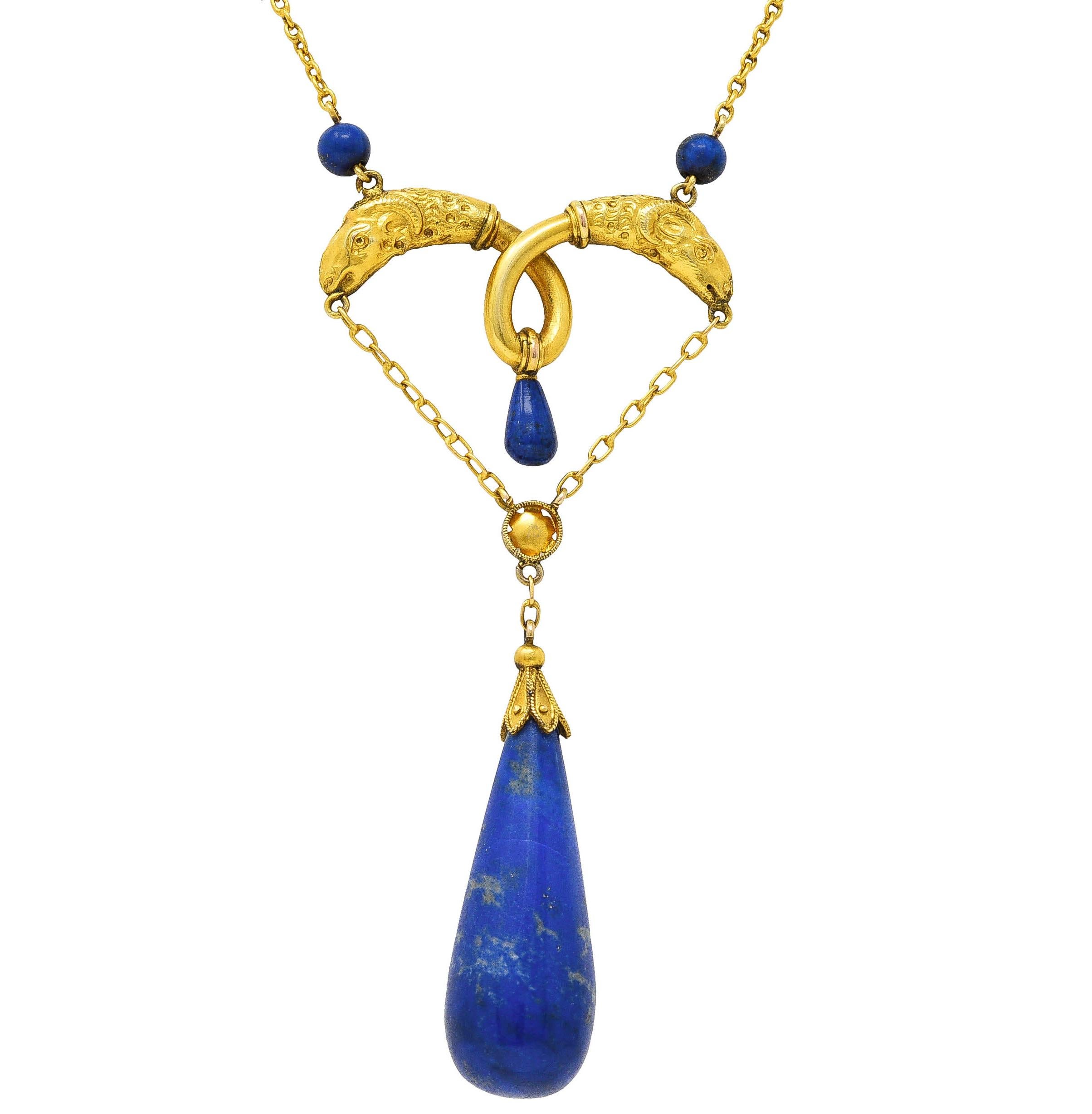 Victorian Etruscan Revival Lapis Lazuli 14 Karat Yellow Gold Swagged Necklace For Sale 2