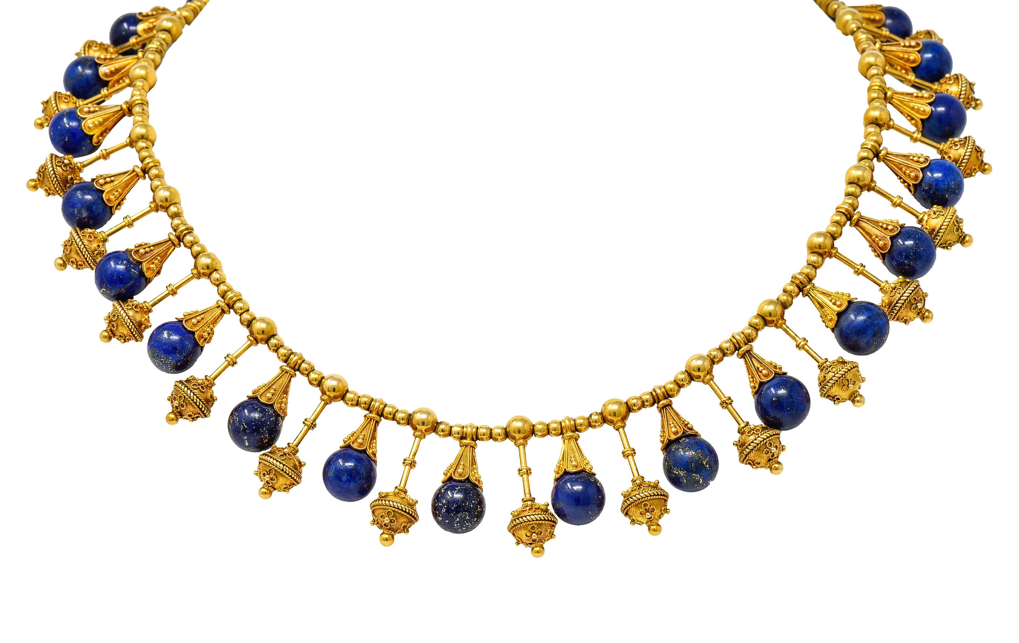 Victorian Etruscan Revival Lapis Lazuli 18 Karat Gold Drop Fringe Necklace 2