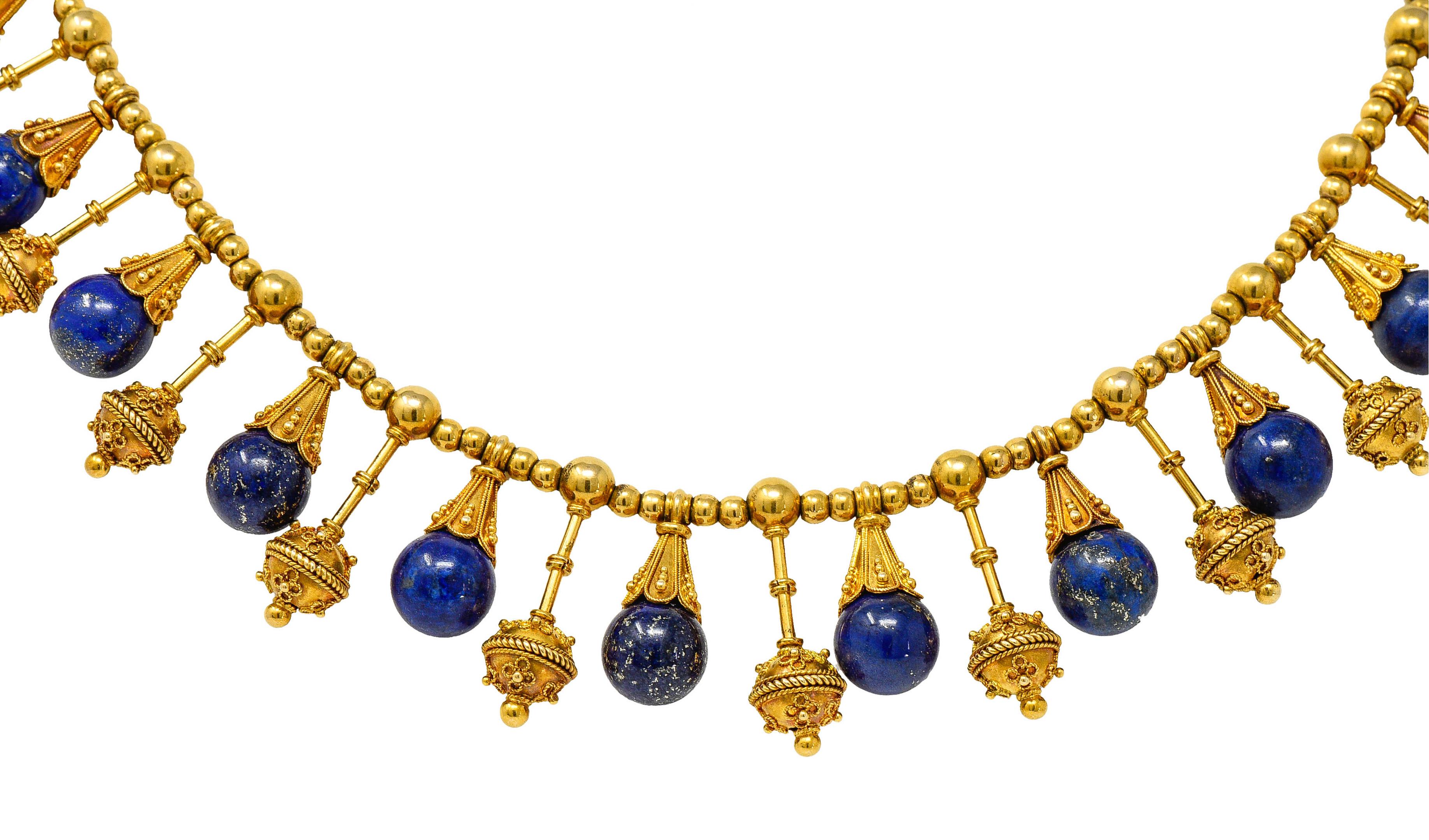 Round Cut Victorian Etruscan Revival Lapis Lazuli 18 Karat Gold Drop Fringe Necklace