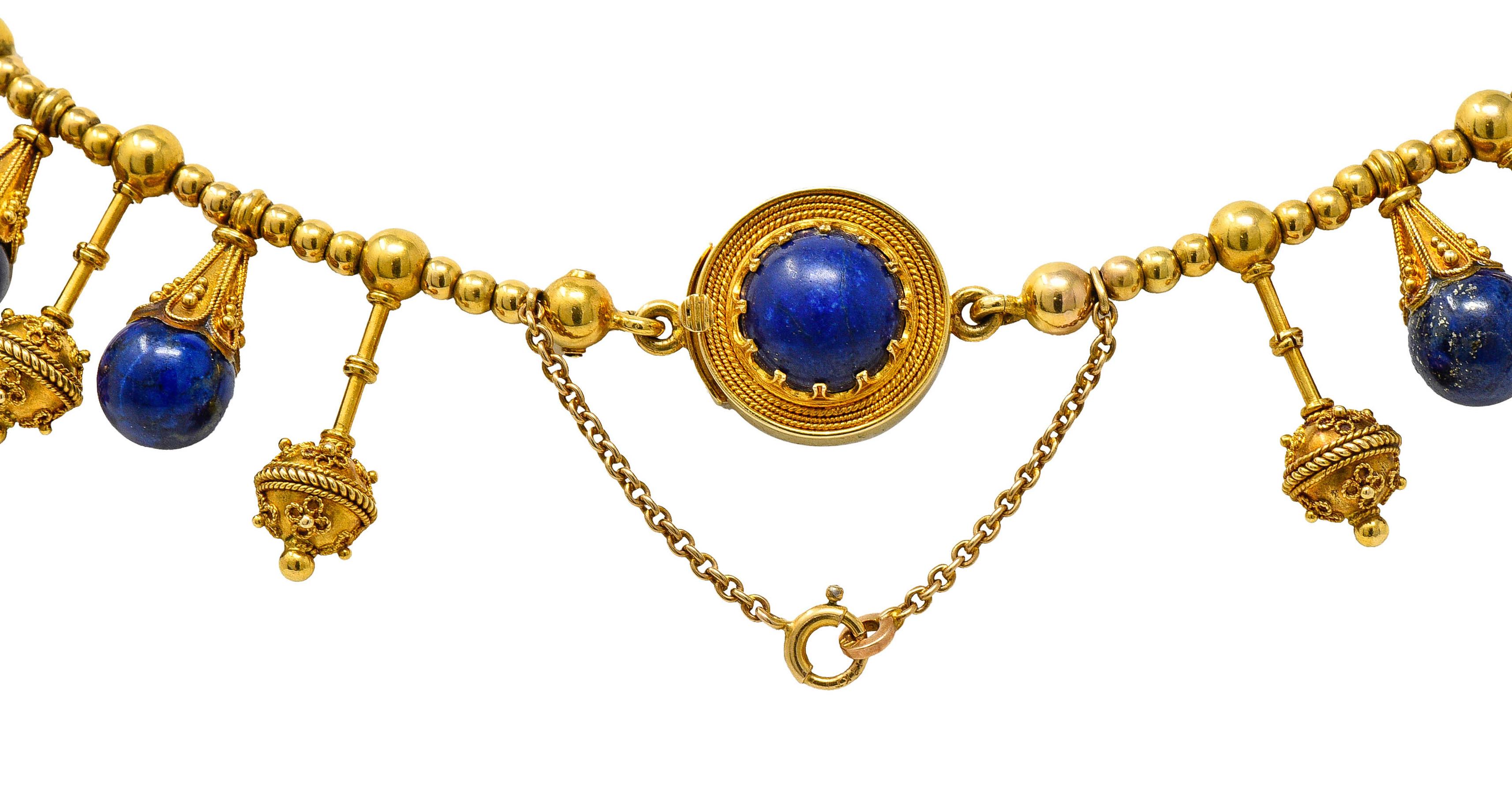 Women's or Men's Victorian Etruscan Revival Lapis Lazuli 18 Karat Gold Drop Fringe Necklace