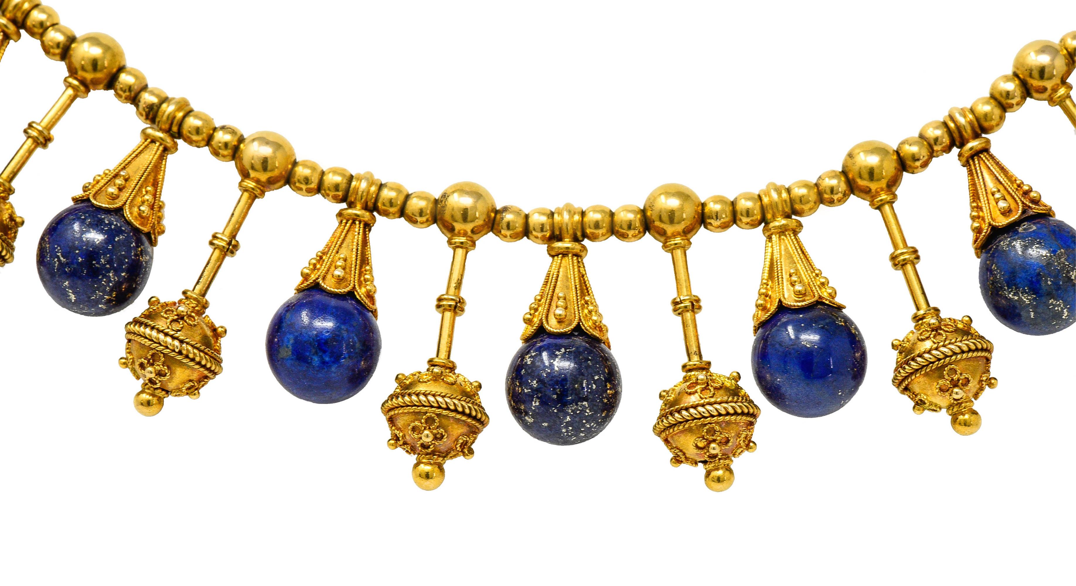 Victorian Etruscan Revival Lapis Lazuli 18 Karat Gold Drop Fringe Necklace 1