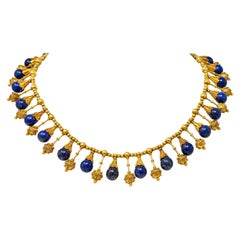 Viktorianisch Etruscan Revival Lapis Lazuli 18 Karat Gold Drop Fringe Halskette