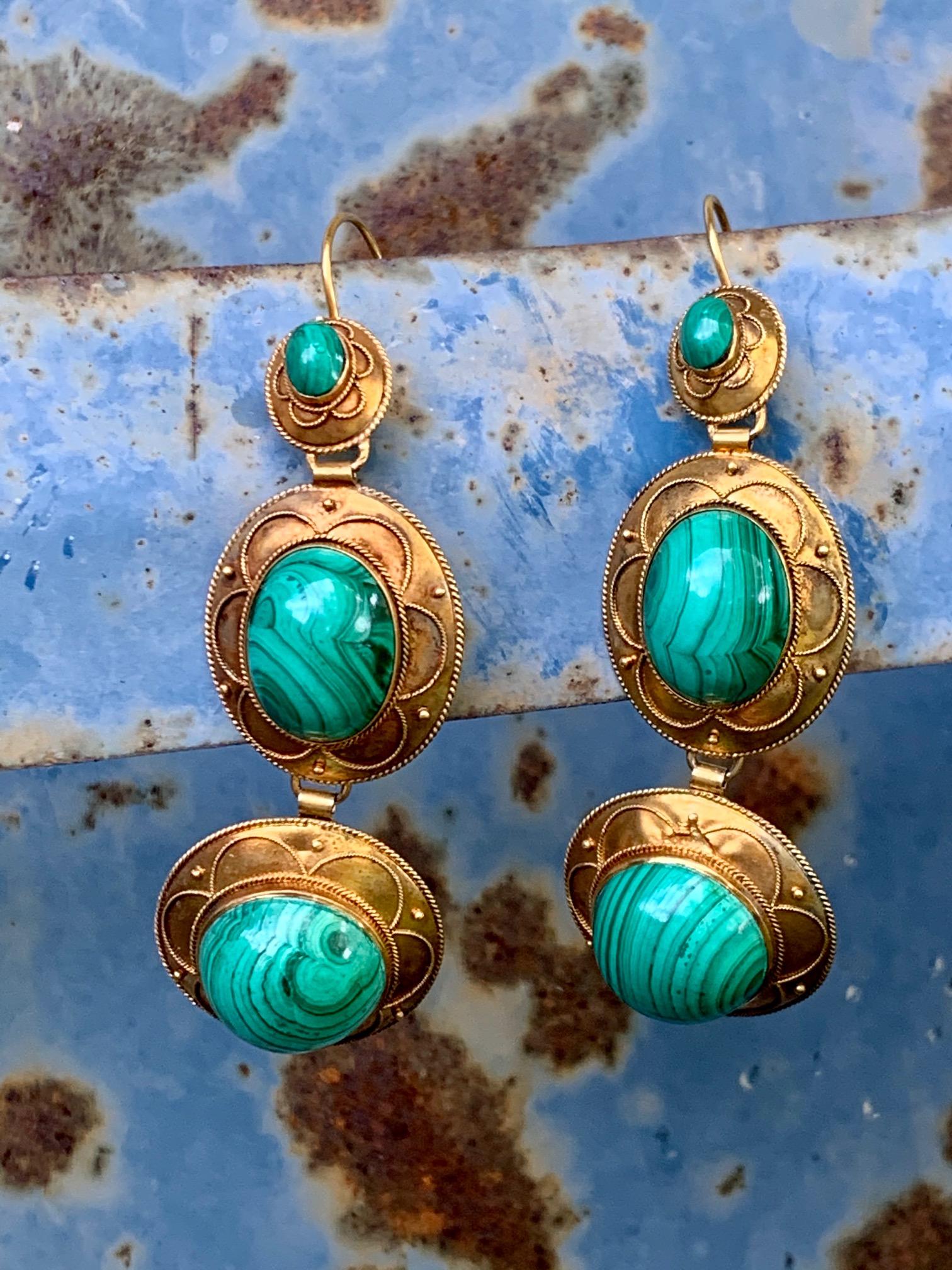 Victorian Etruscan Revival Malachite 15 Karat Yellow Gold Pierced Earrings In Excellent Condition In St. Louis Park, MN